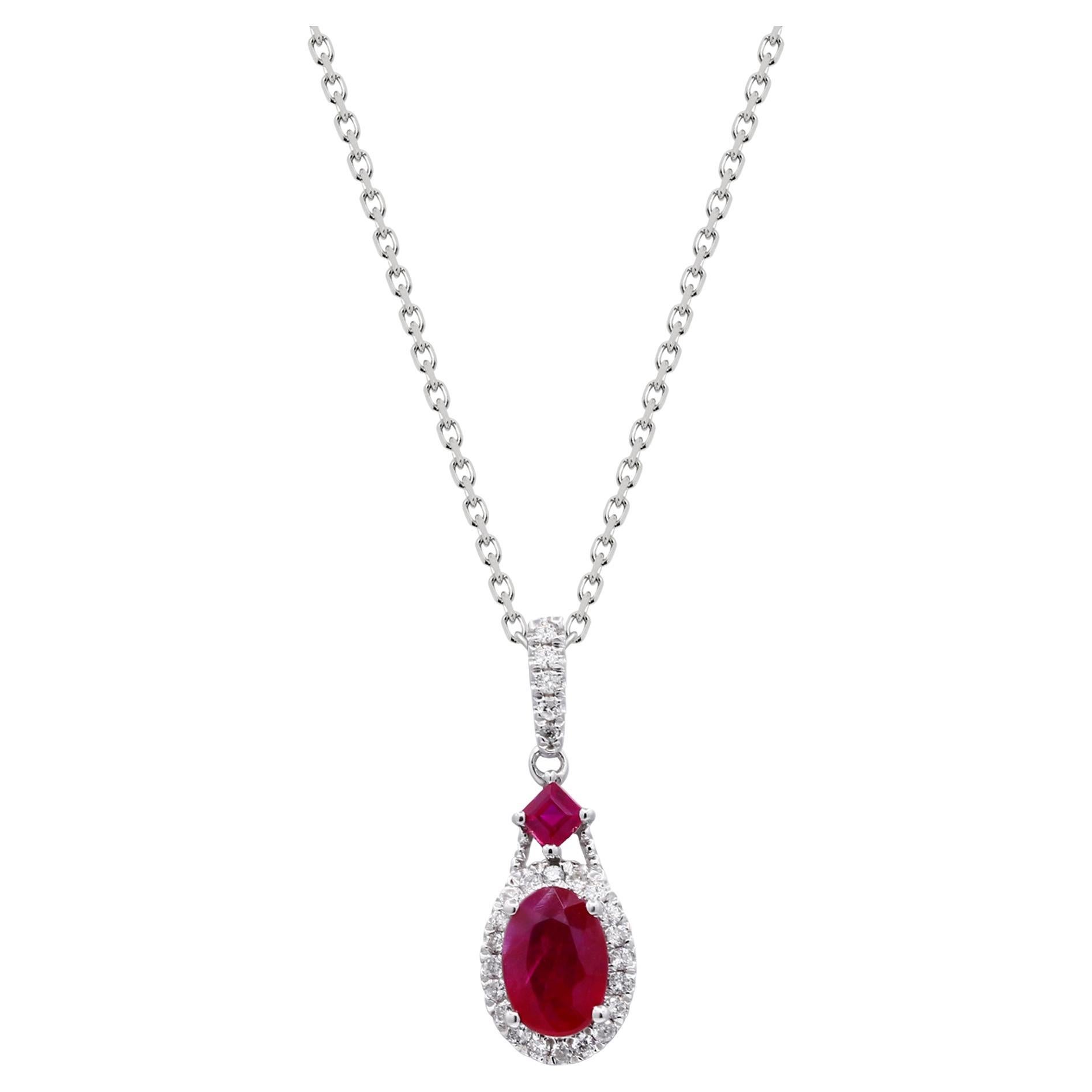 0.55 Carat Oval Cut Ruby Diamond Accents 10K White Gold Pendant For Sale