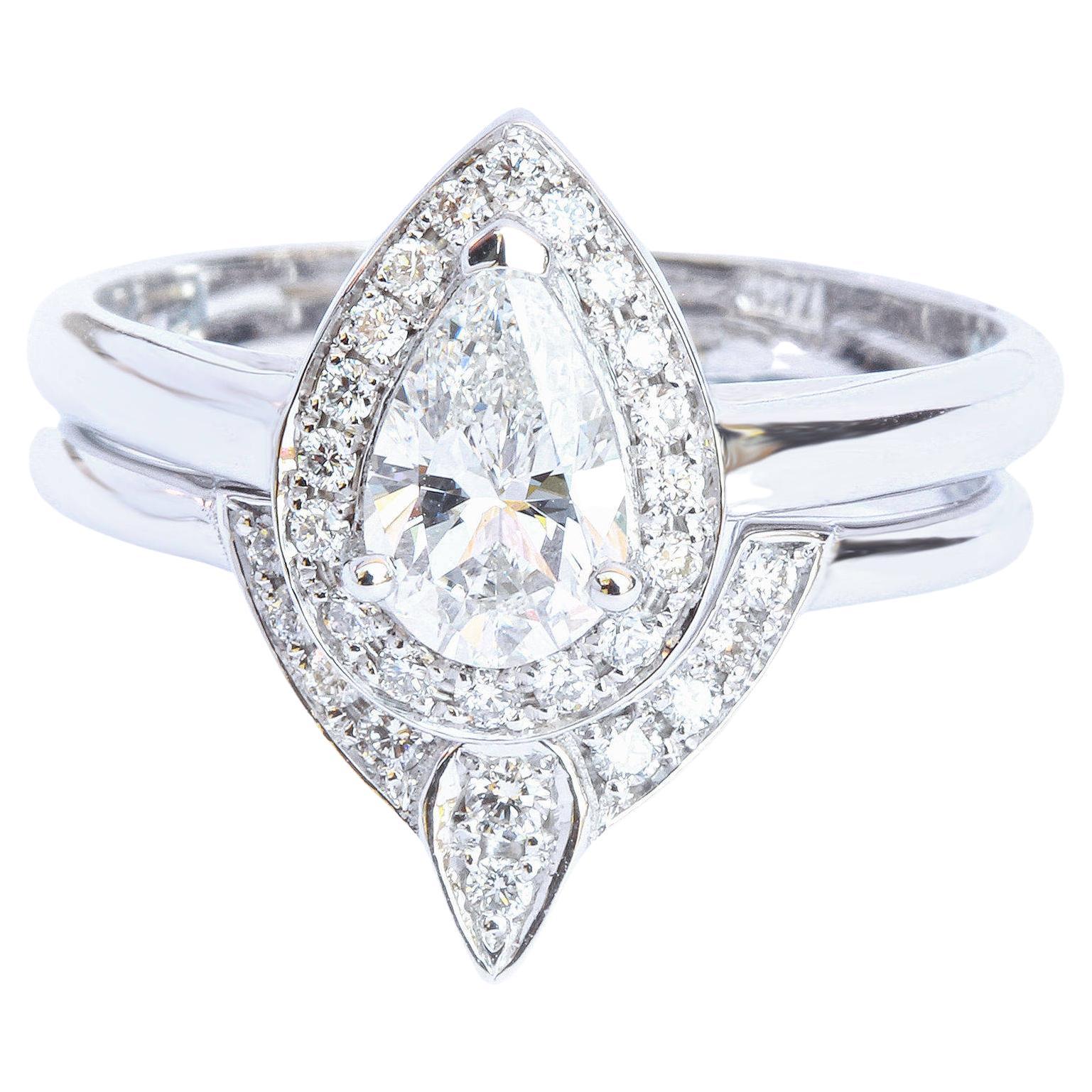 0.60 Carat Pear Diamond Halo Engagement Two Ring Set, Art Deco - The 3rd Eye For Sale