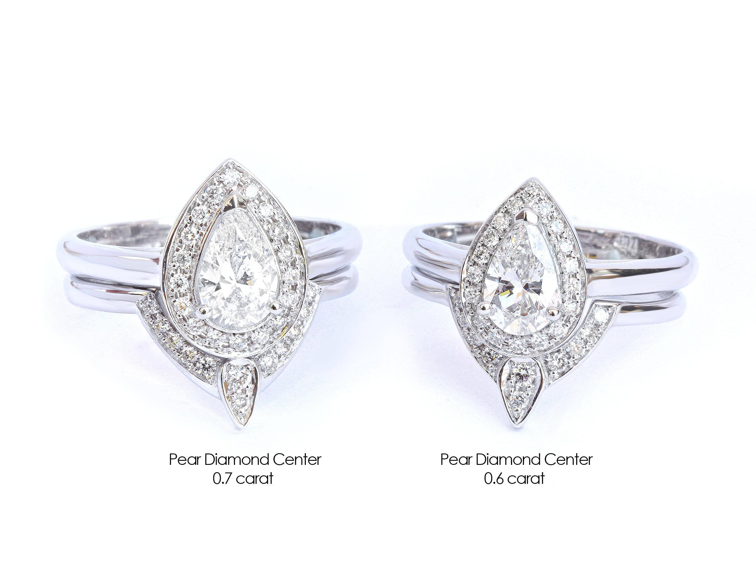 Taille poire 0.60 Carat Pear Moissanite Halo Engagement Two Ring Set, Art Deco - The 3rd Eye en vente