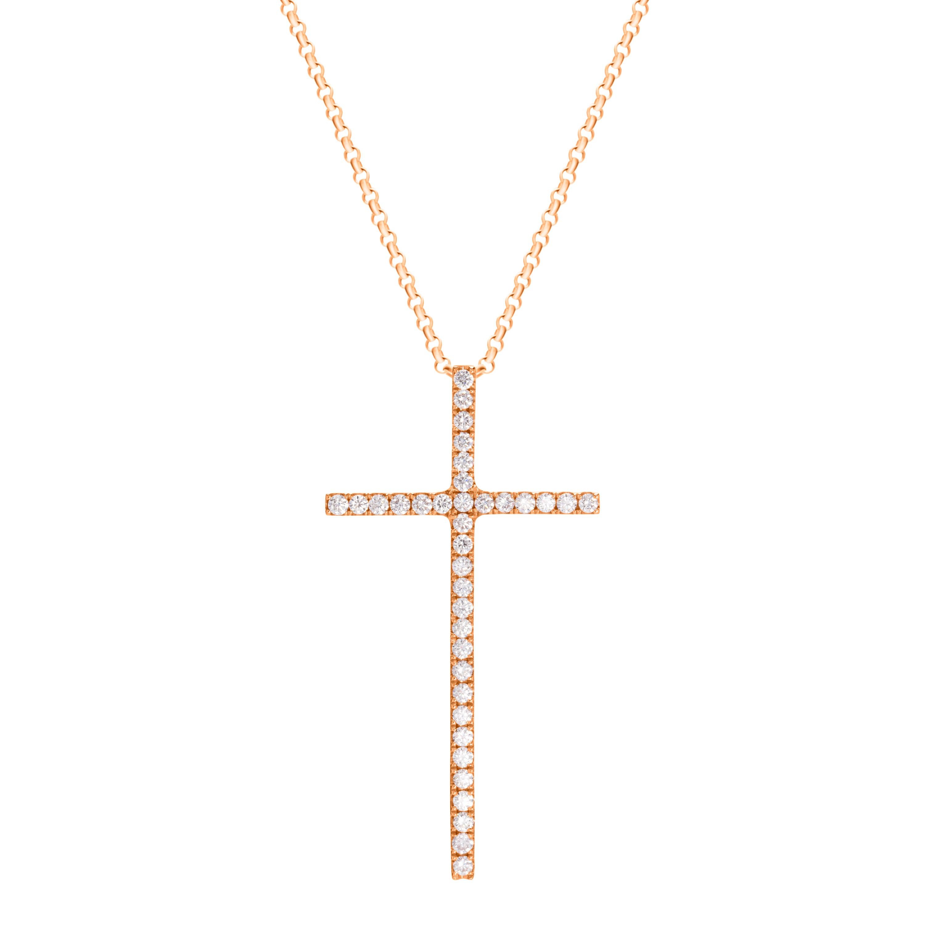 18-karat rose gold necklace features a cross pendant accented by 0.60 carats of round brilliant cut diamonds.  Pendant height 4cm, pendant width 2cm.  Chain length 18 inches.  

Composition:
18K Rose Gold
36 Round Diamonds: 0.6 carats
Diamond
