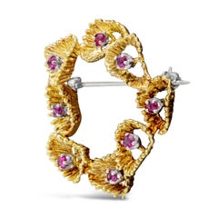 Antique 0.60 Carat Round Cut Ruby Coral Reef Design Brooch in Yellow Gold