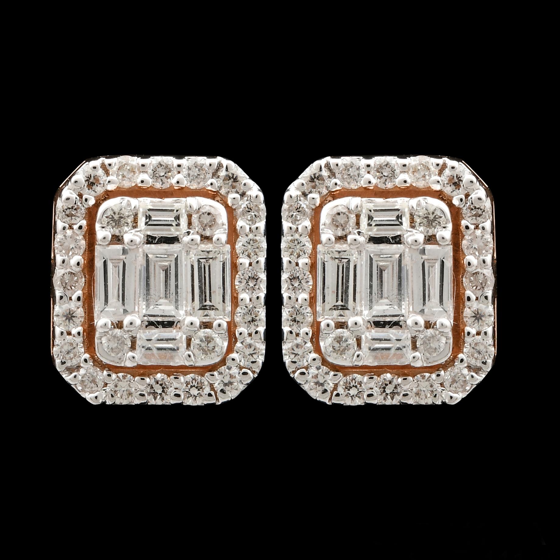Baguette Cut 0.60 Carat SI Clarity HI Color Baguette Diamond Stud Earrings 18 Karat Rose Gold For Sale