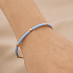 0.60 Carat Natural Diamond Station Bangle Bracelet Blue Enamel 18K Yellow Gold