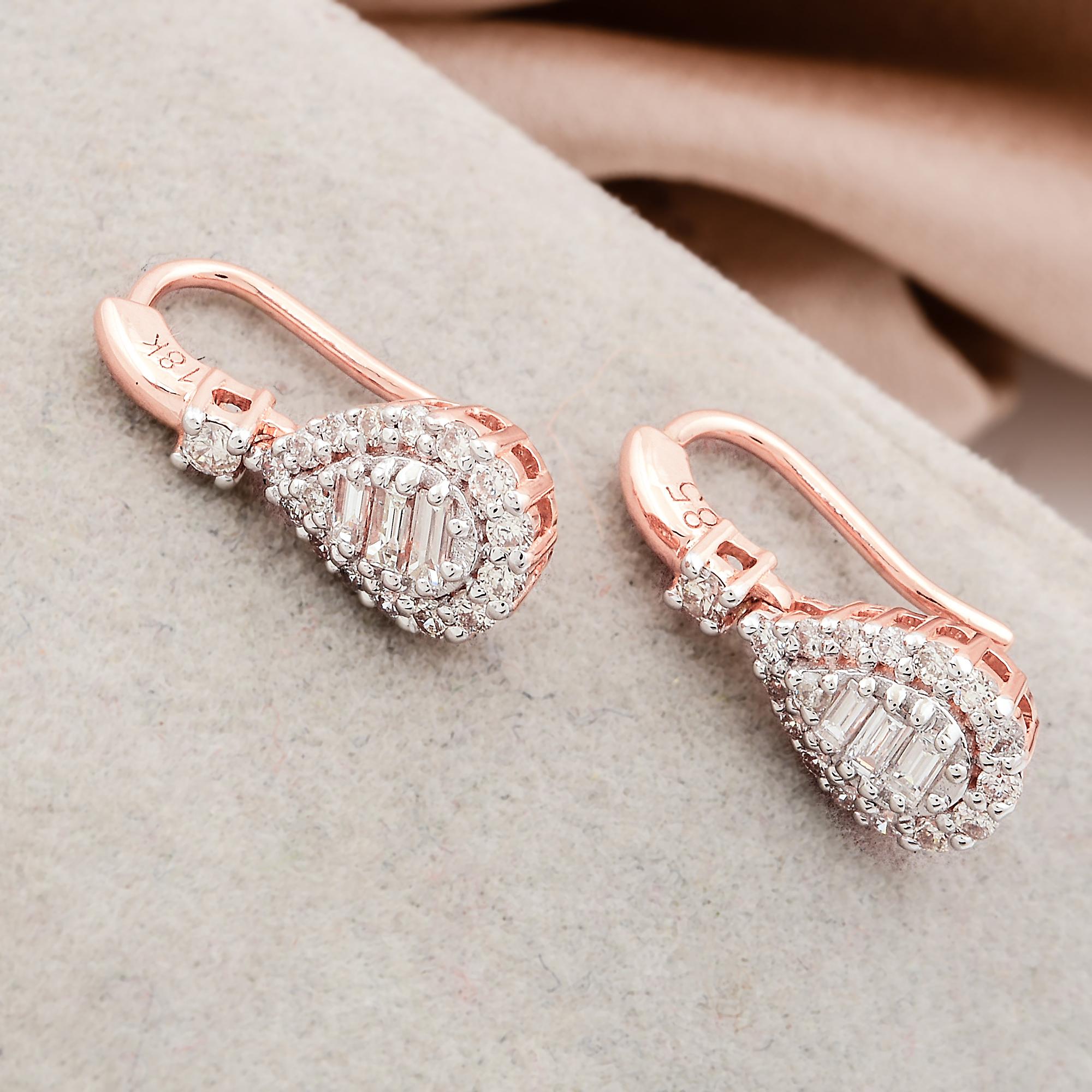 Modern 0.60 Carat SI Clarity HI Color Diamond Hook Earrings 18k Rose Gold Fine Jewelry For Sale