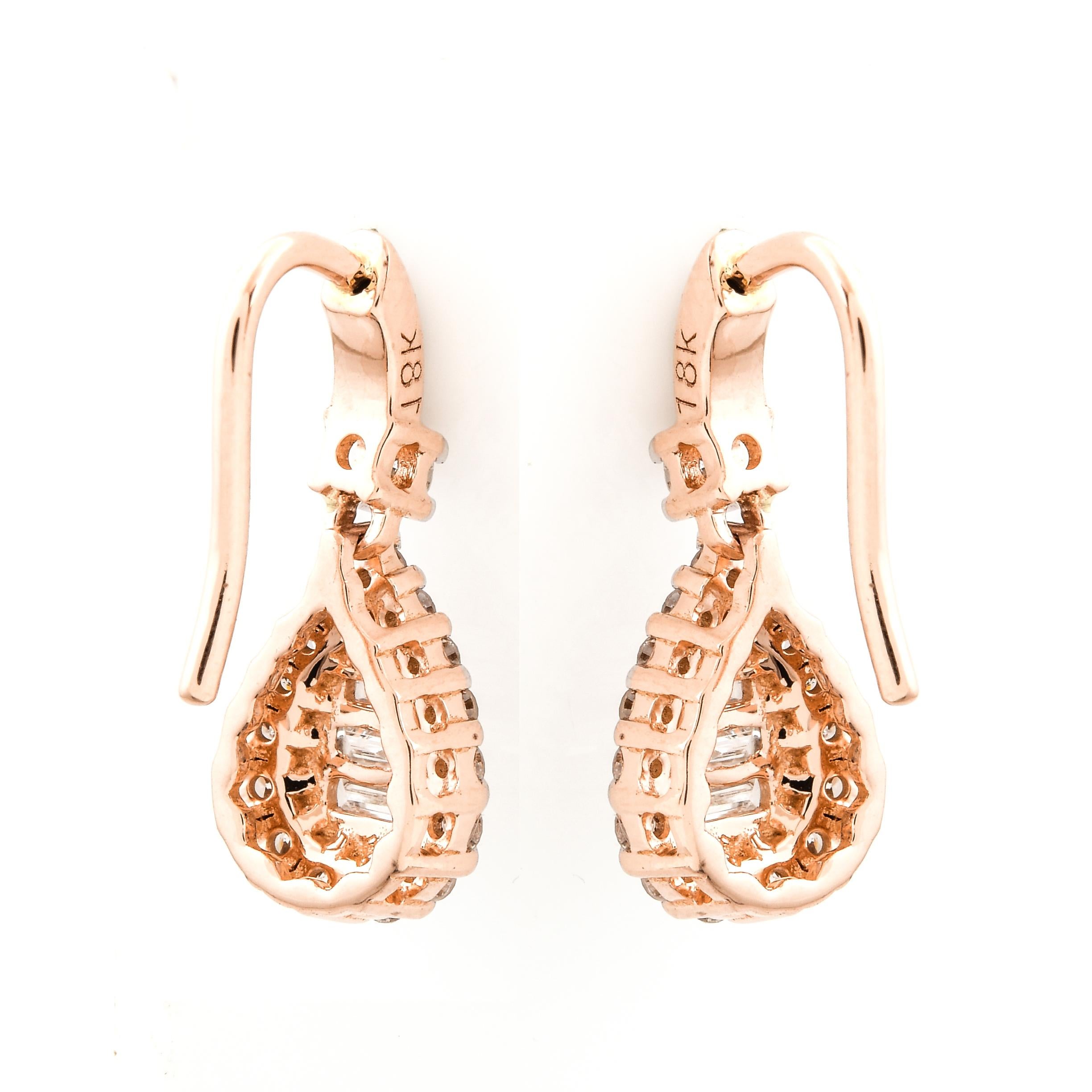 Baguette Cut 0.60 Carat SI Clarity HI Color Diamond Hook Earrings 18k Rose Gold Fine Jewelry For Sale