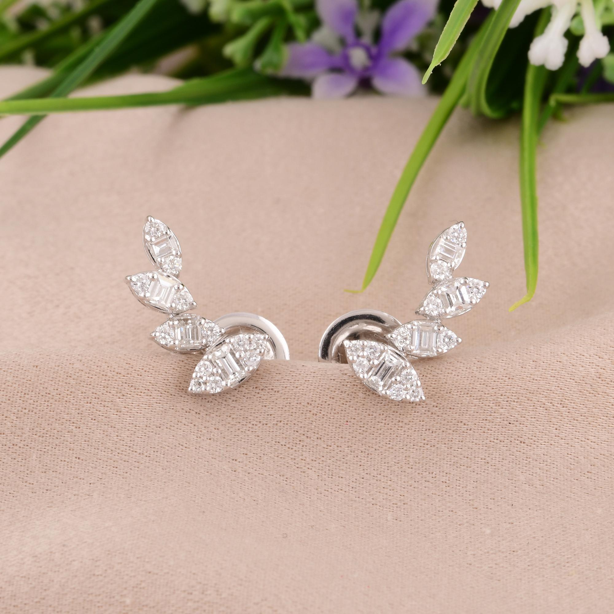 Baguette Cut 0.60 Carat SI/H Baguette Round Diamond Earrings 18 Karat White Gold Fine Jewelry For Sale