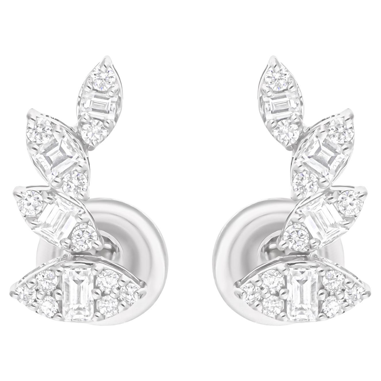 0.60 Carat SI/H Baguette Round Diamond Earrings 18 Karat White Gold Fine Jewelry