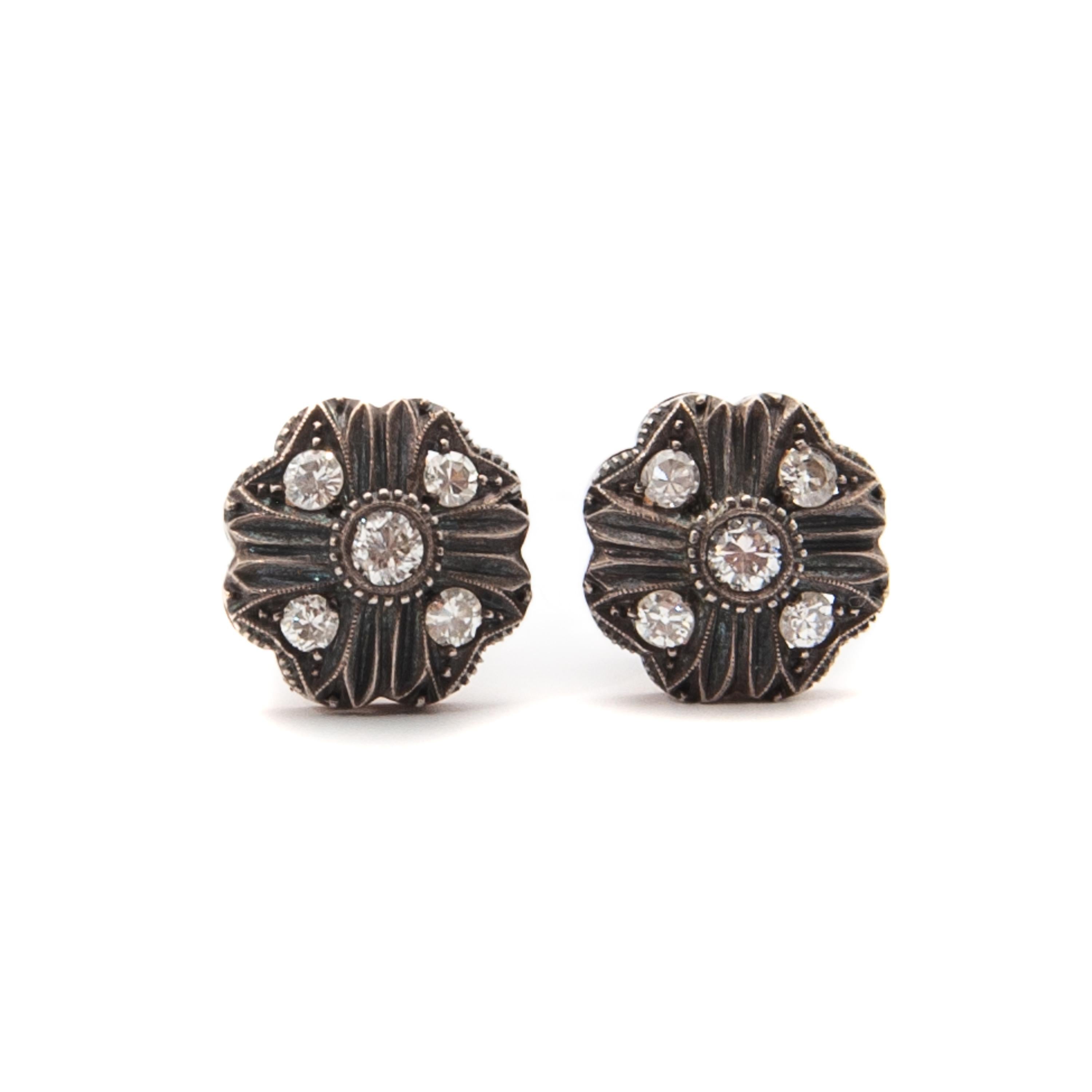 Art Deco Diamond 18 Karat Gold Sterling Silver Stud Earrings In Good Condition For Sale In Rotterdam, NL