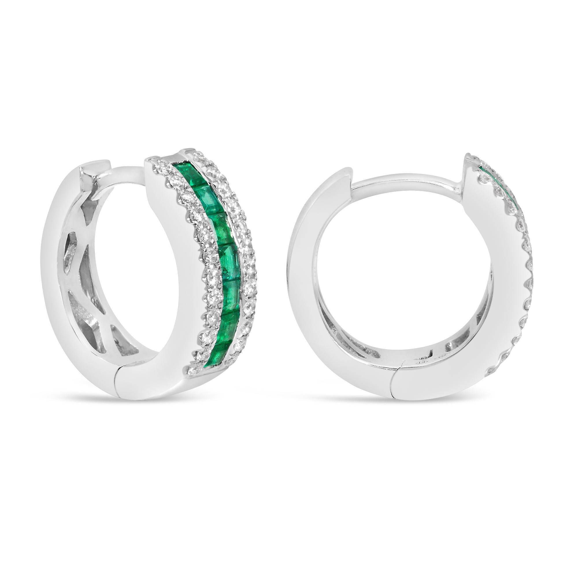 A gorgeous pair of huggie earrings, featuring one row of square cut emeralds weighing 0.43 carat total, set in between two rows of round brilliant cut diamonds weighing 0.17 carat total. Finely made with 18K white gold. Perfect for everyday wear.
