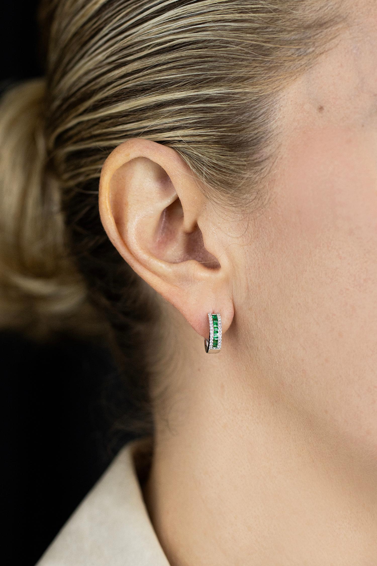 Round Cut Roman Malakov 0.60 Carat Total Mixed-Cut Emerald & Diamond Huggie Earrings For Sale