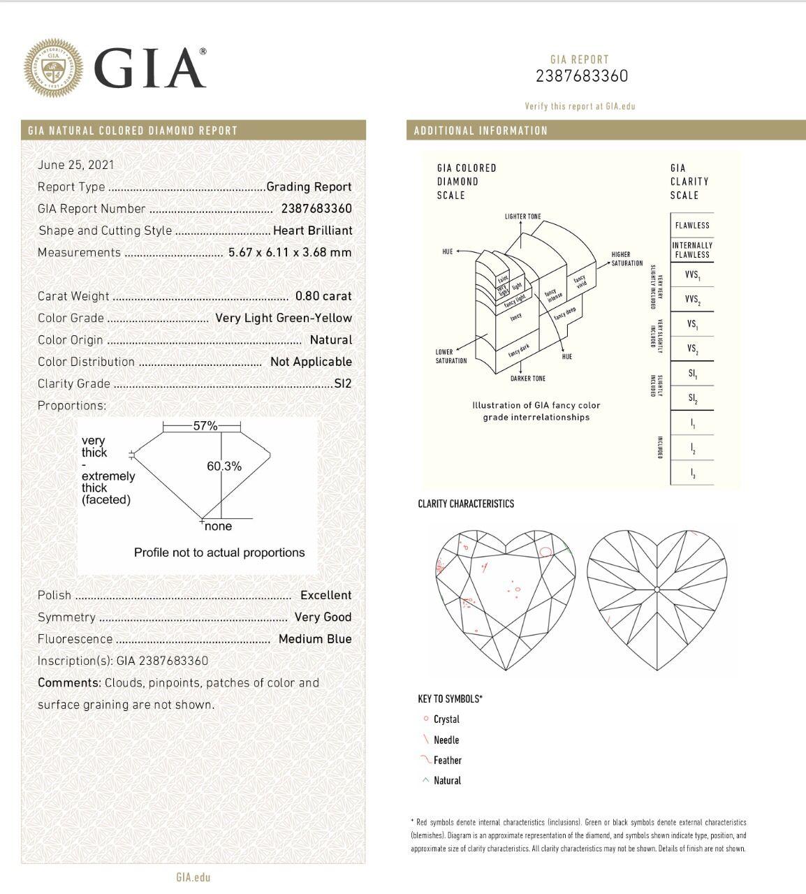 Bague avec diamant jaune vert très clair de 0,60 carat, pureté SI2, certifiée GIA en vente 1