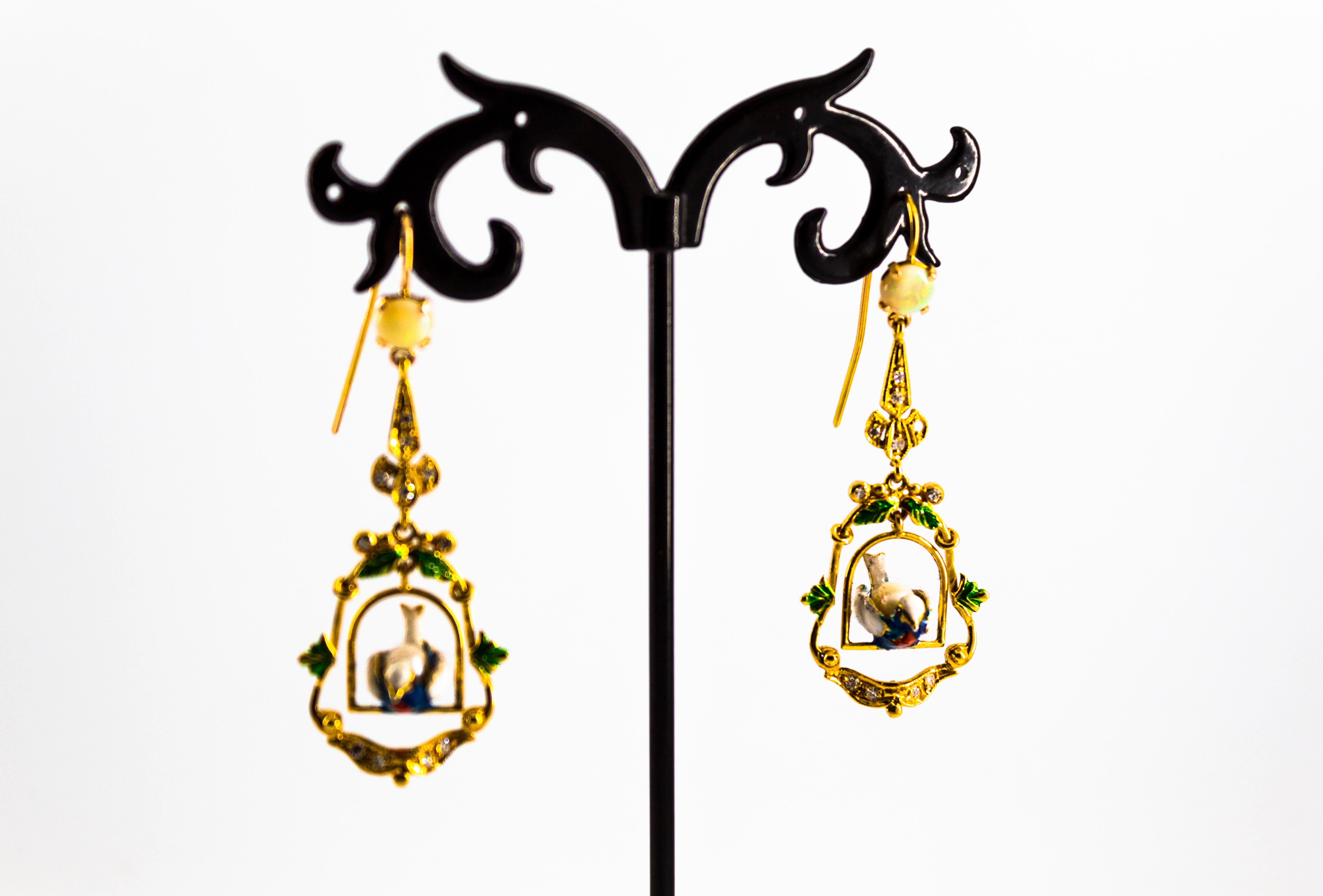 Pendientes Gota Oro Amarillo 0,60 Quilates Diamante Blanco 1,30 Quilates Ópalo Perla Esmalte Art Nouveau en venta