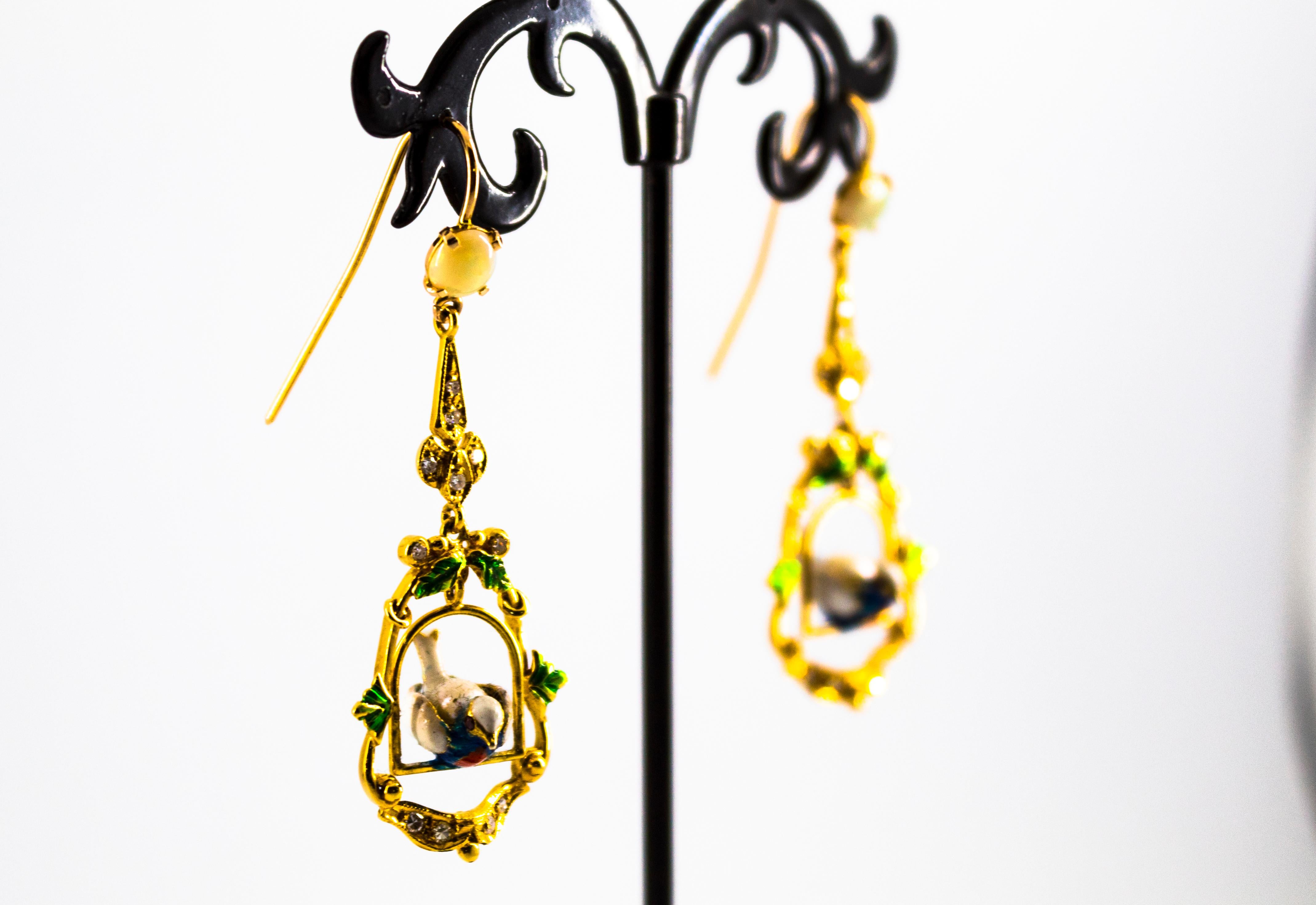 Art Nouveau 0.60 Carat White Diamond 1.30 Carat Opal Pearl Enamel Yellow Gold Drop Earrings For Sale