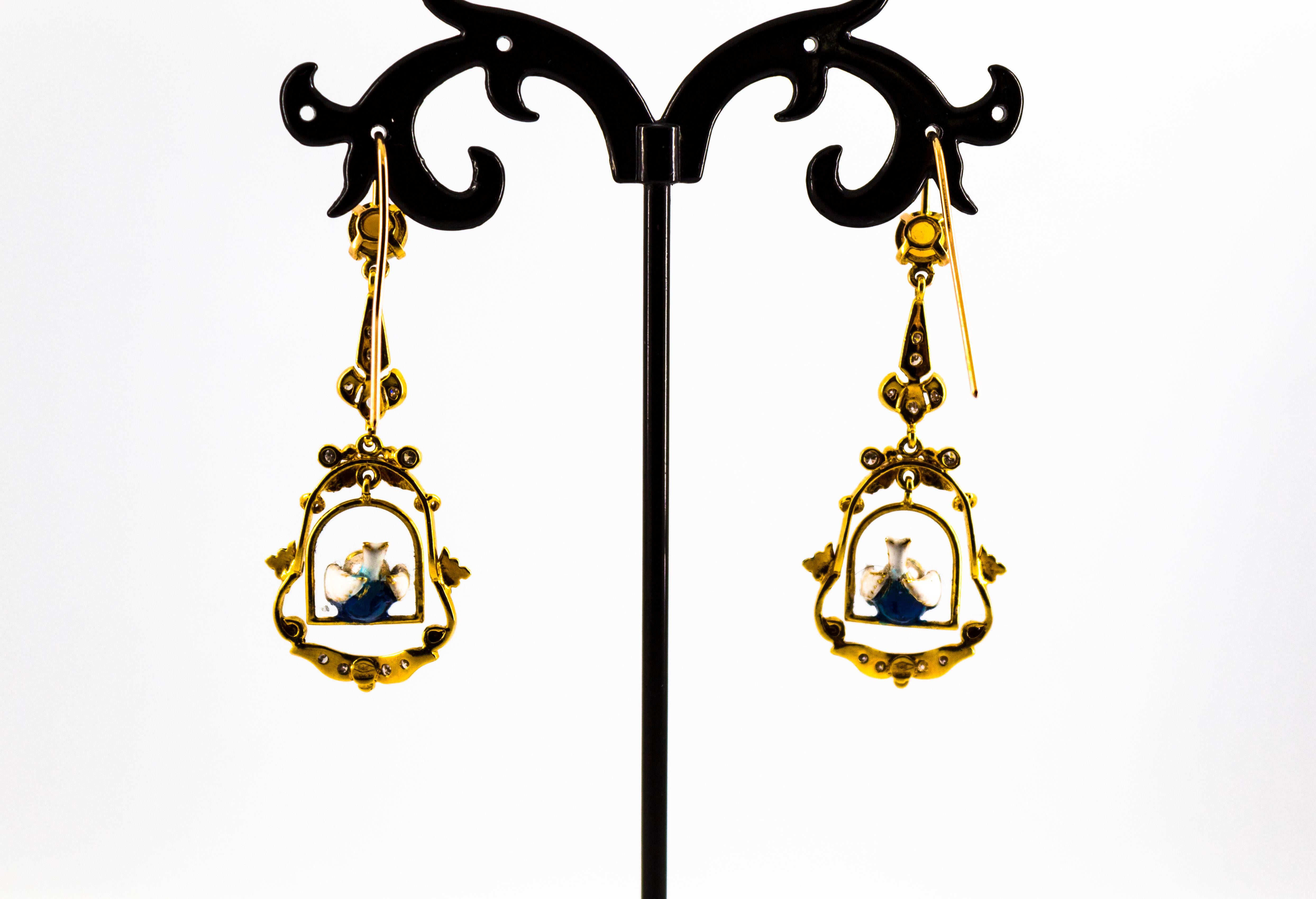 Pendientes Gota Oro Amarillo 0,60 Quilates Diamante Blanco 1,30 Quilates Ópalo Perla Esmalte en Nuevo estado para la venta en Naples, IT