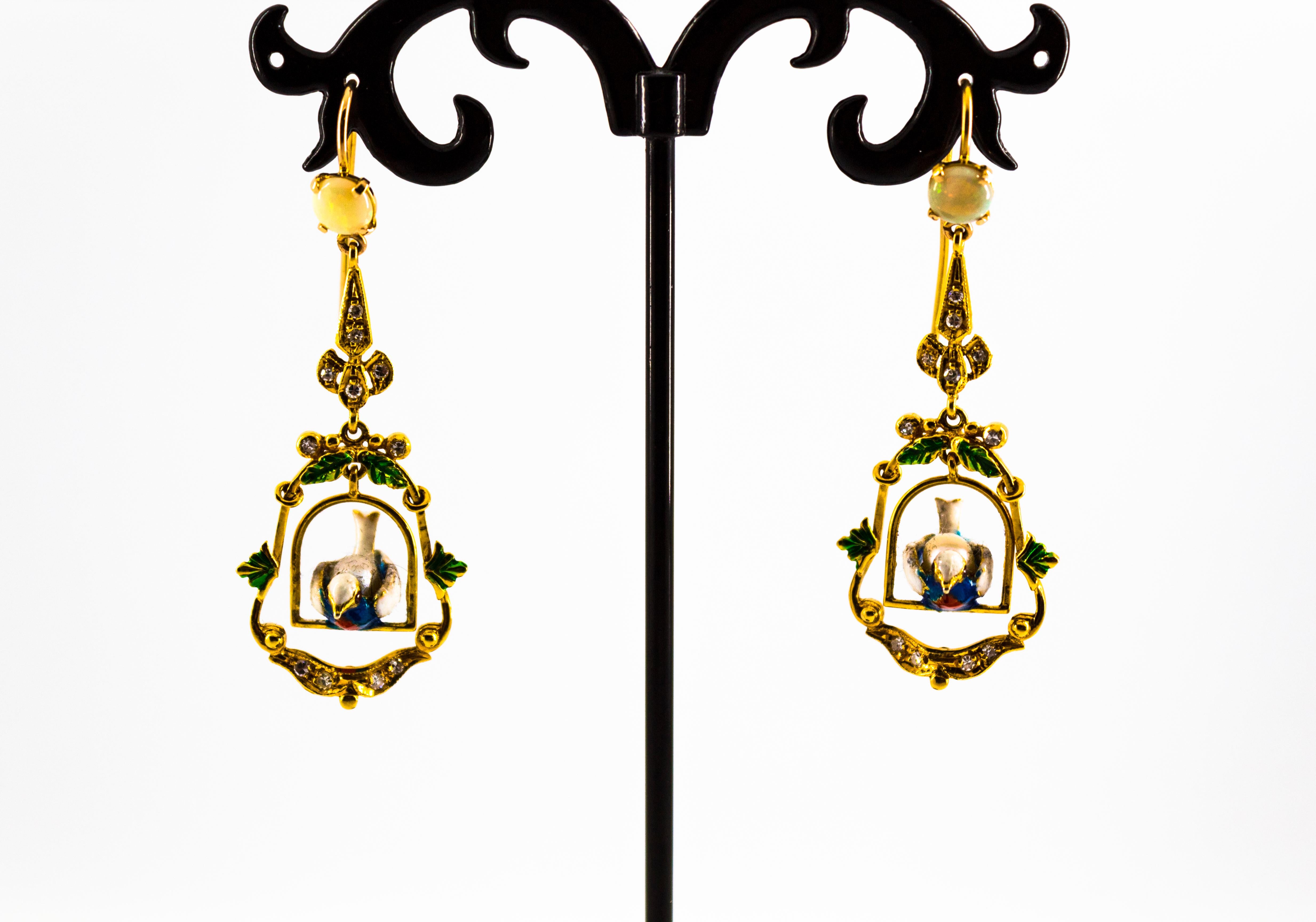 Women's or Men's 0.60 Carat White Diamond 1.30 Carat Opal Pearl Enamel Yellow Gold Drop Earrings For Sale