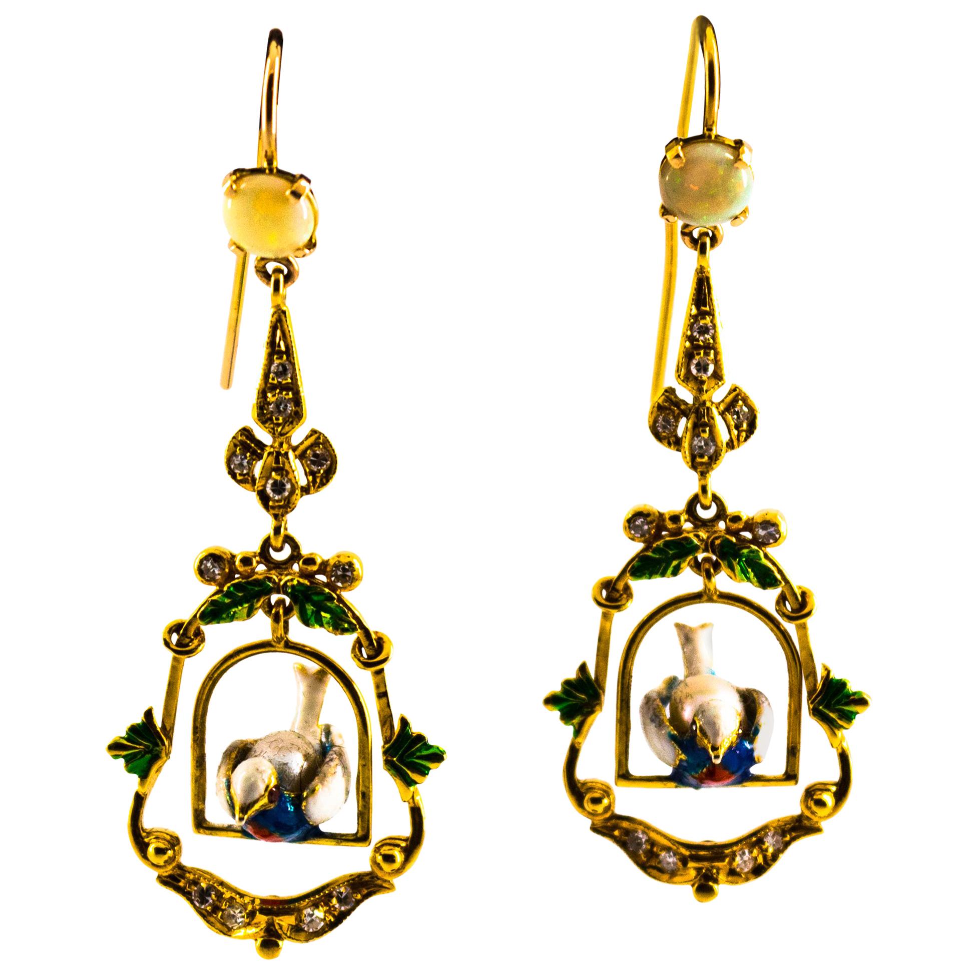 0.60 Carat White Diamond 1.30 Carat Opal Pearl Enamel Yellow Gold Drop Earrings For Sale