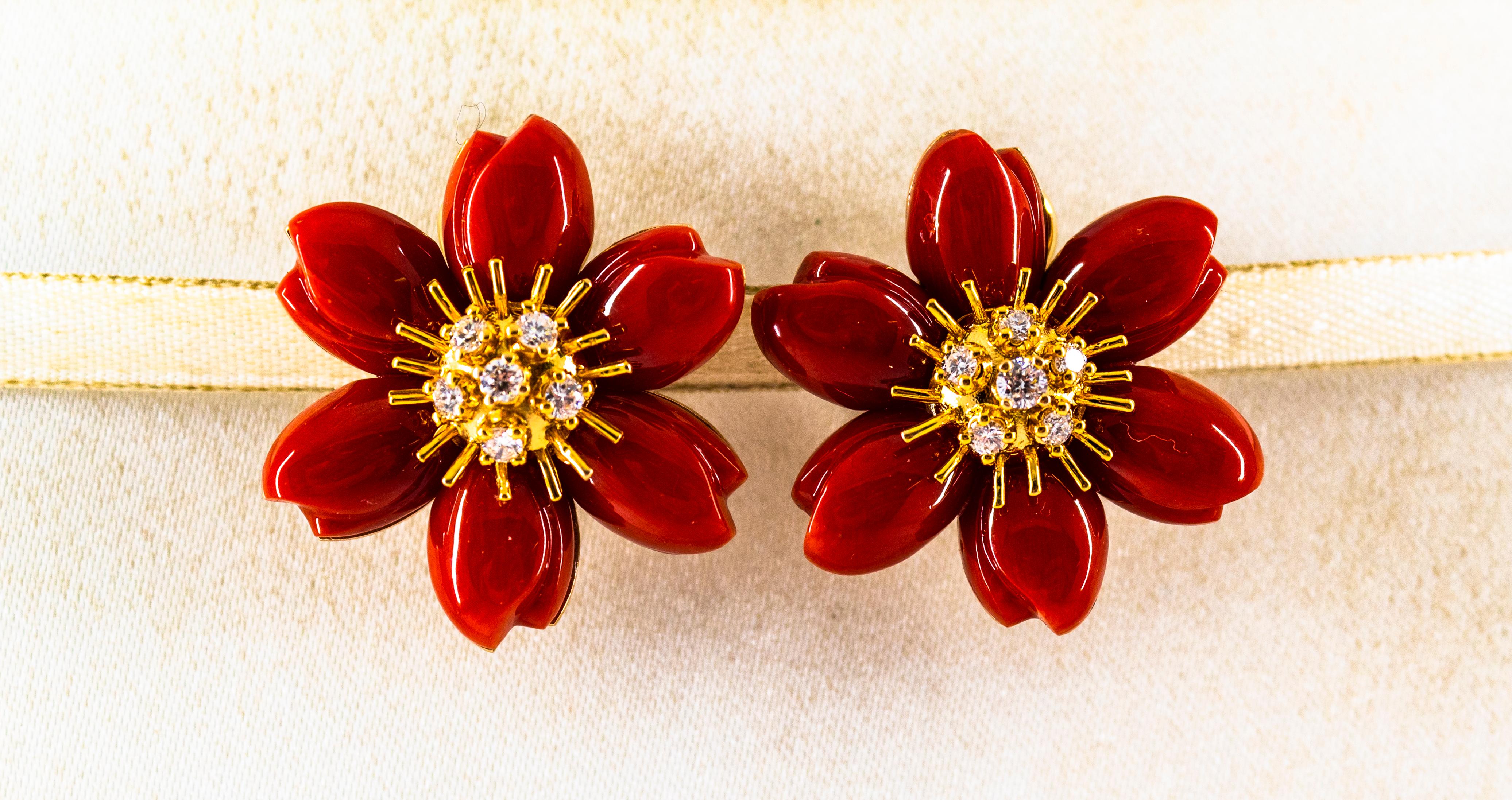 Art Nouveau 0.60 Carat White Diamond Mediterranean Red Coral Yellow Gold 