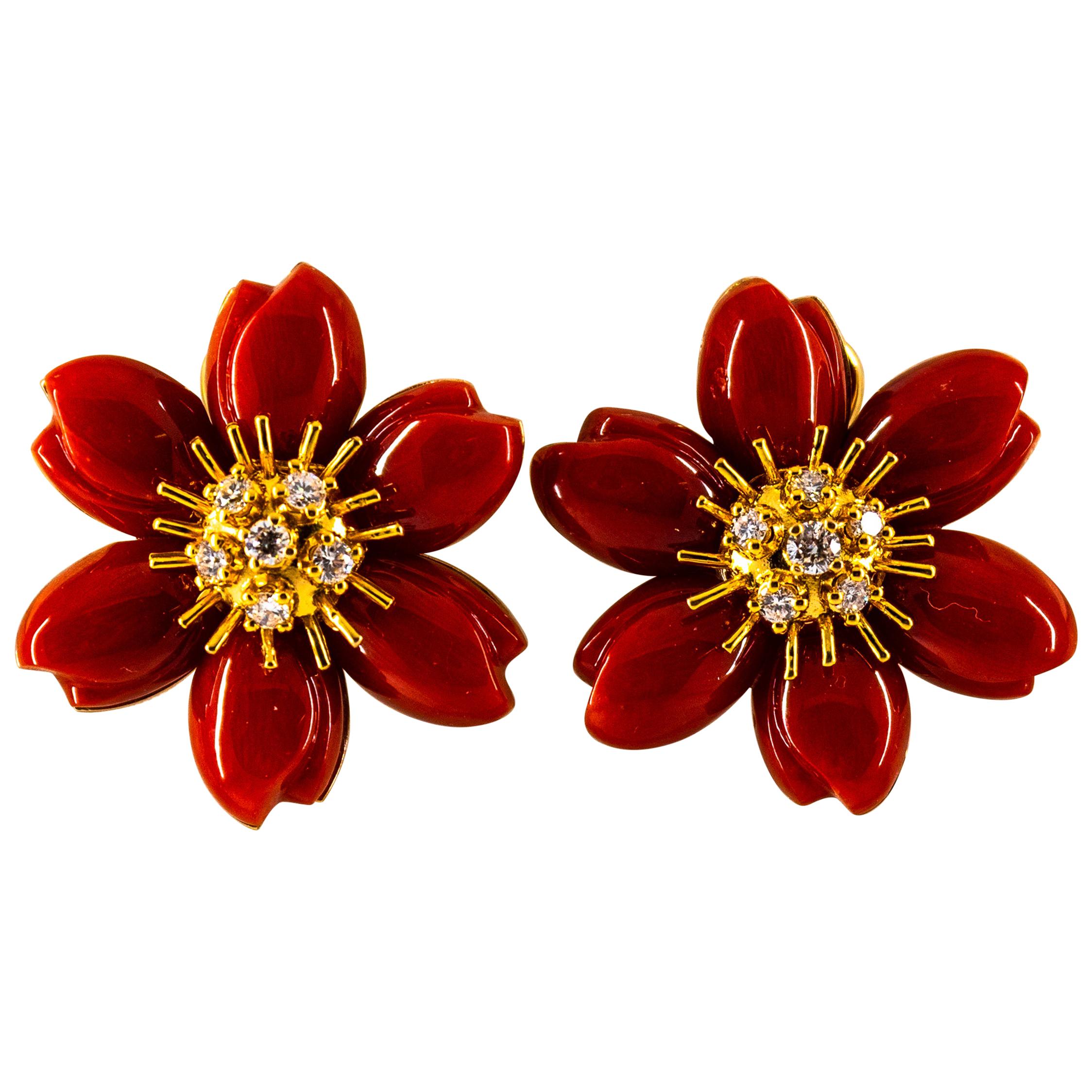 0.60 Carat White Diamond Mediterranean Red Coral Yellow Gold "Flowers" Earrings
