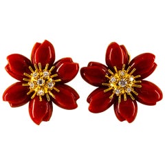 0.60 Carat White Diamond Mediterranean Red Coral Yellow Gold "Flowers" Earrings