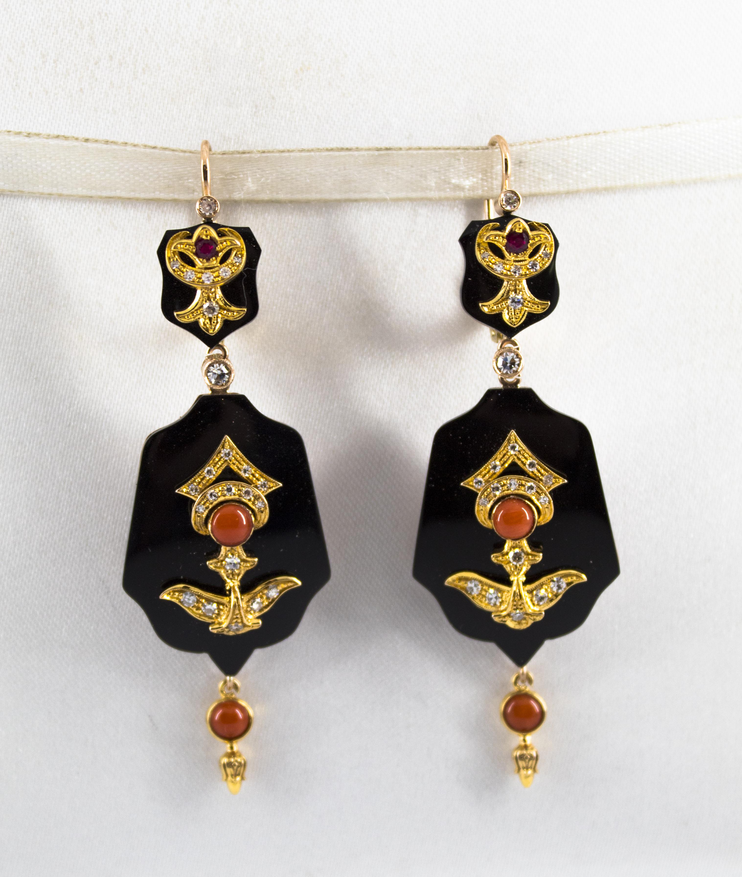 Renaissance 0.60 Carat White Diamond Ruby Coral Onyx Yellow Gold Lever-Back Earrings For Sale