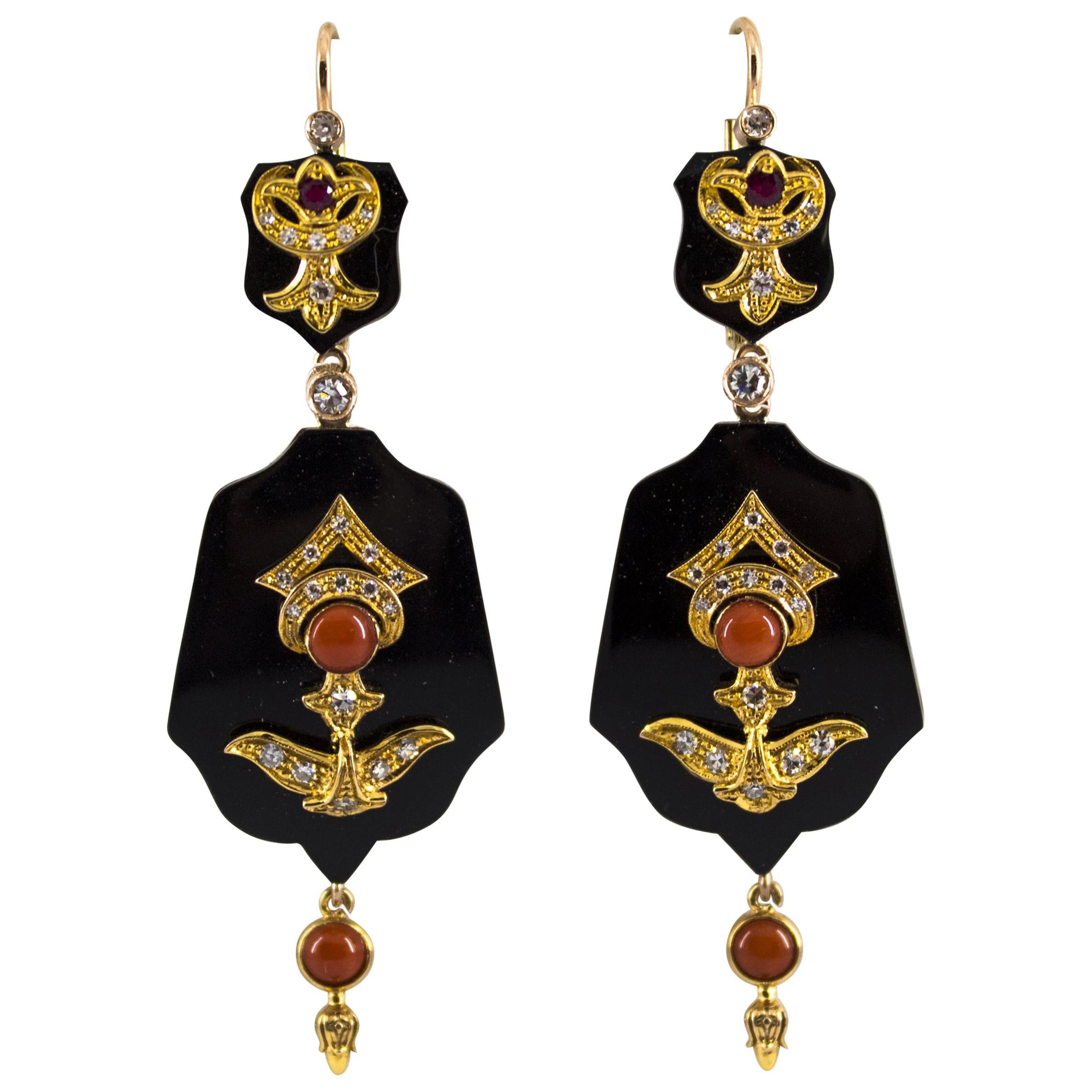0.60 Carat White Diamond Ruby Coral Onyx Yellow Gold Lever-Back Earrings For Sale
