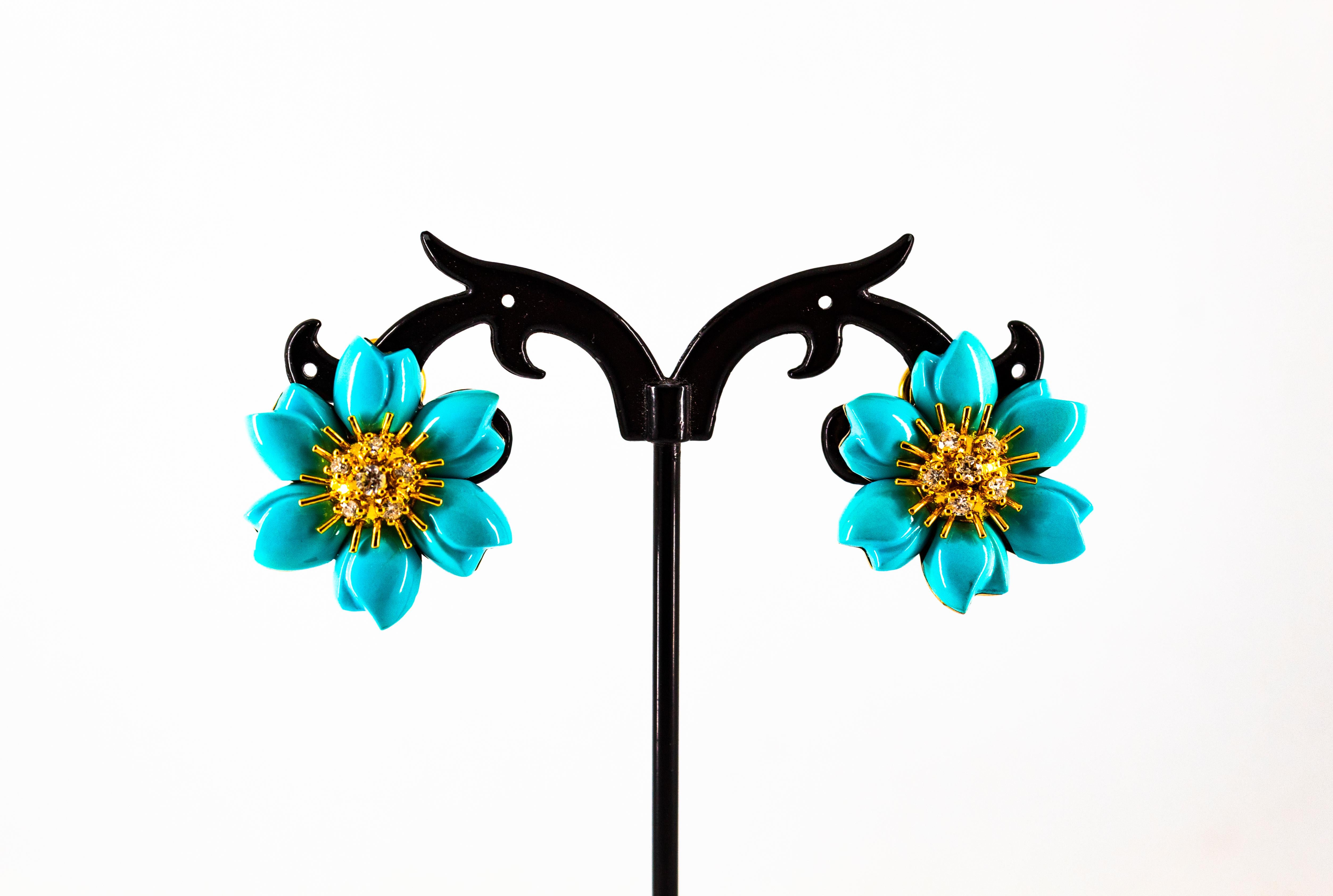 0.60 Carat White Diamond Turquoise Yellow Gold Dangle Clip-On Flowers Earrings 5