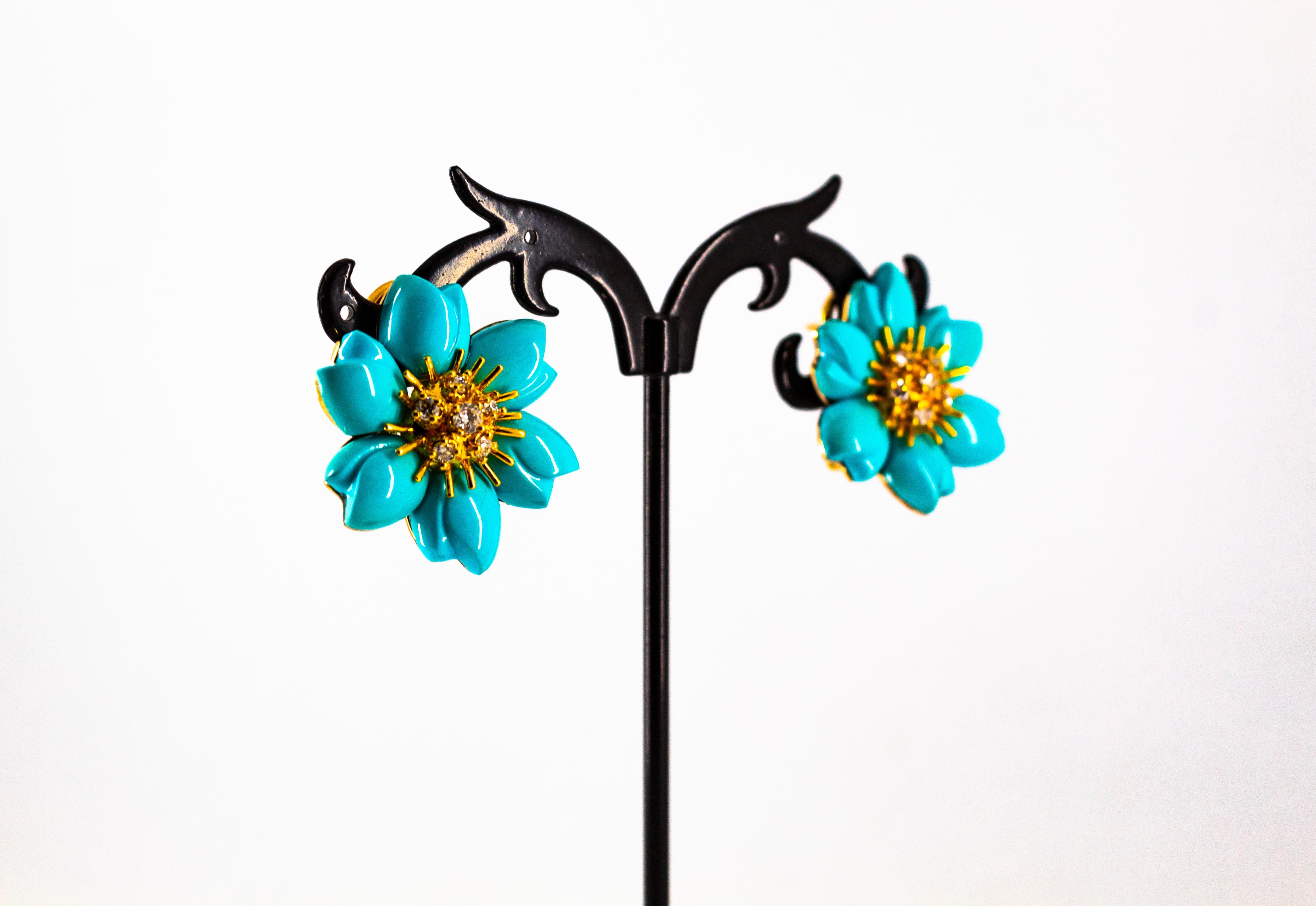 0.60 Carat White Diamond Turquoise Yellow Gold Dangle Clip-On Flowers Earrings 7