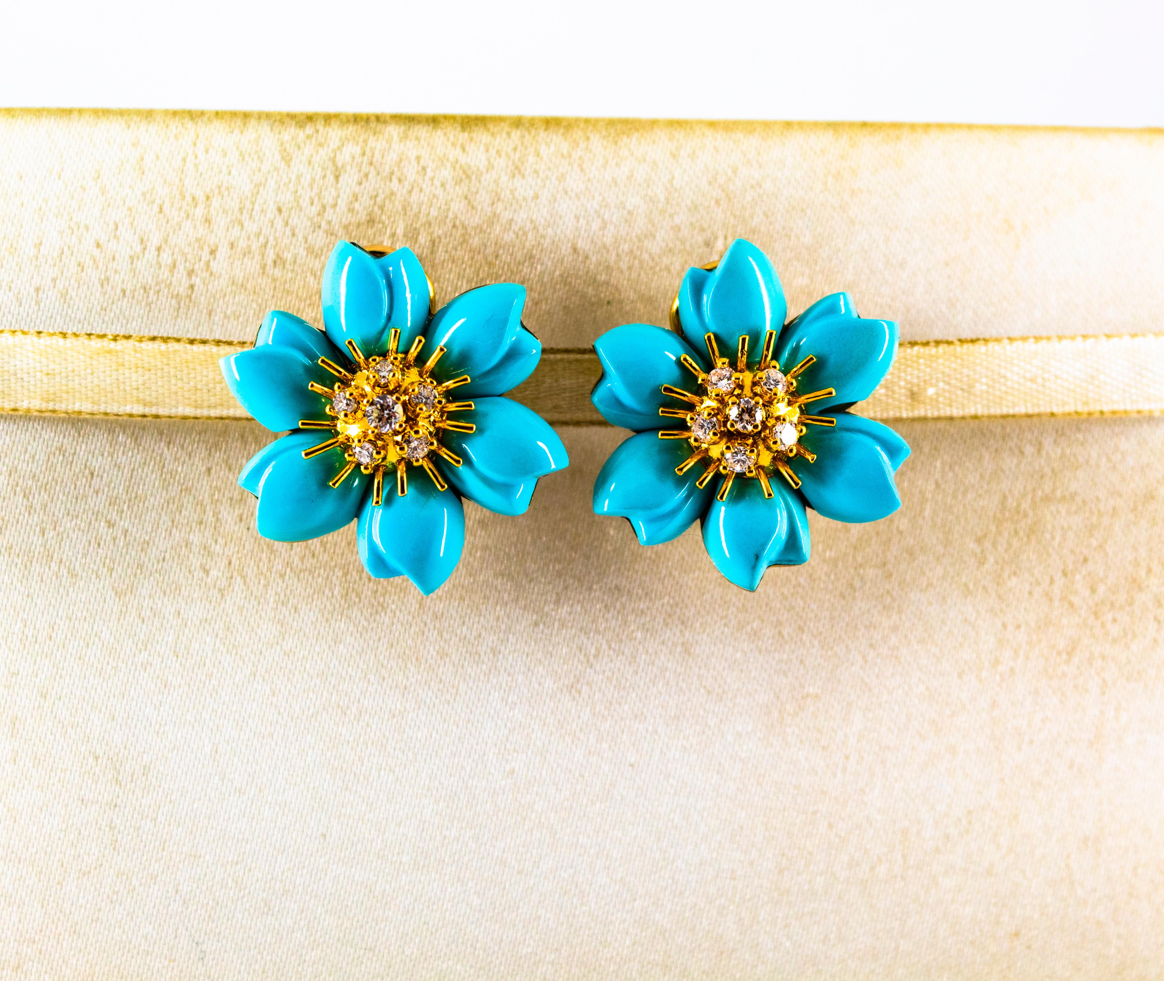 0.60 Carat White Diamond Turquoise Yellow Gold Dangle Clip-On Flowers Earrings In New Condition In Naples, IT