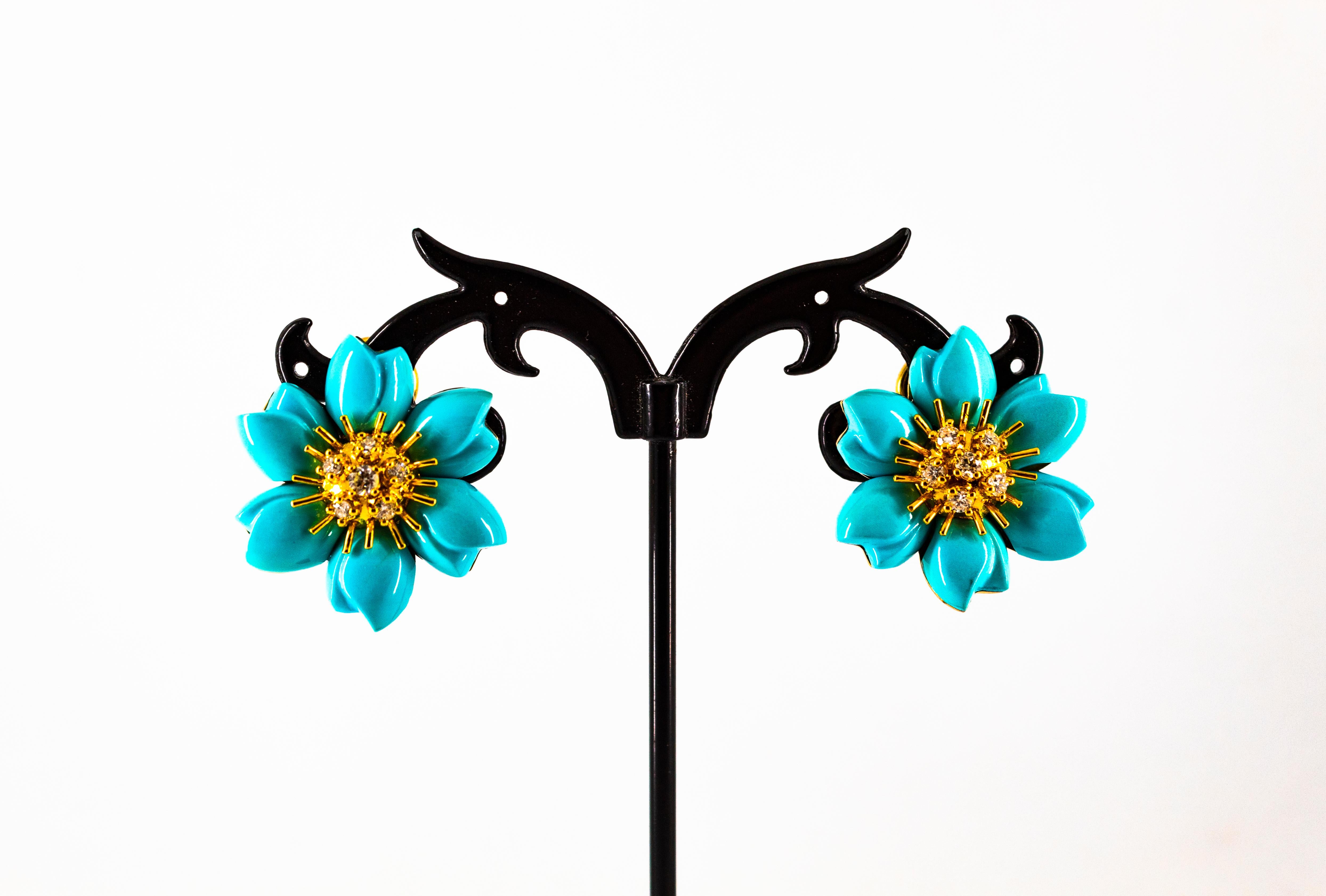 0.60 Carat White Diamond Turquoise Yellow Gold Dangle Clip-On Flowers Earrings 4