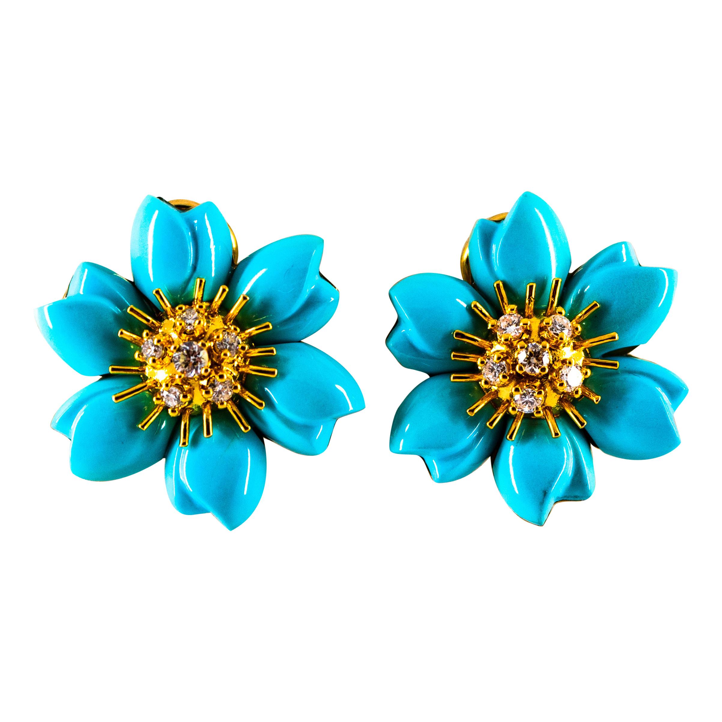 0.60 Carat White Diamond Turquoise Yellow Gold Dangle Clip-On Flowers Earrings