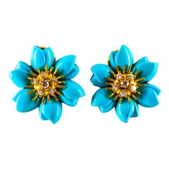 0.60 Carat White Diamond Turquoise Yellow Gold Dangle Clip-On Flowers Earrings