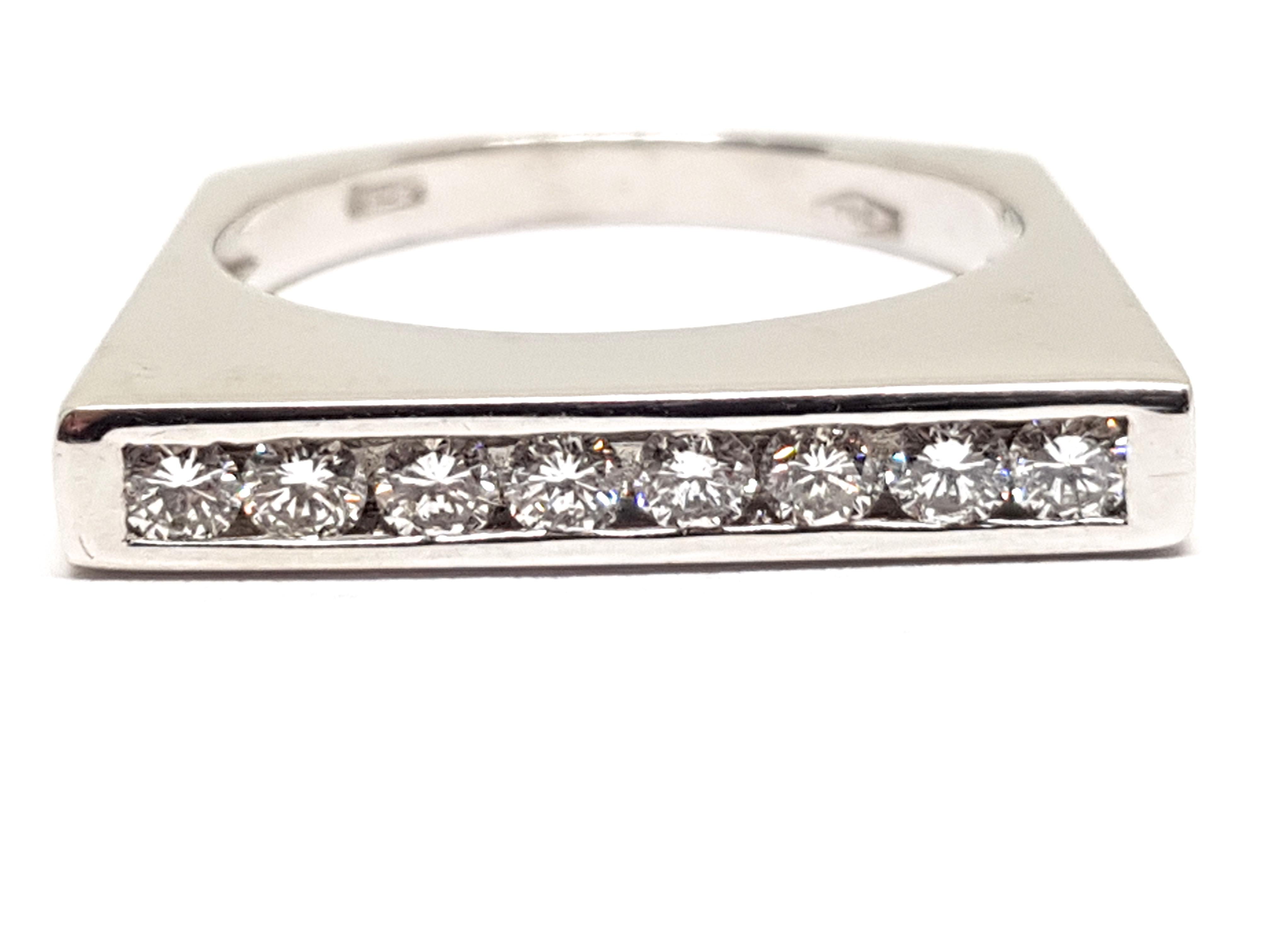 Gold: 18 Karat White Gold 
Weight: 5.74gr. 
Diamonds: 0.60ct. Colour: E Clarity: VVS1 
Width: 0.349 cm. 
Ring size: 56 / 17.75mm / US 7.5
Free resizing of Ring up to size 70 / 22mm / US 13 
All our jewellery comes with a certificate and 5 years