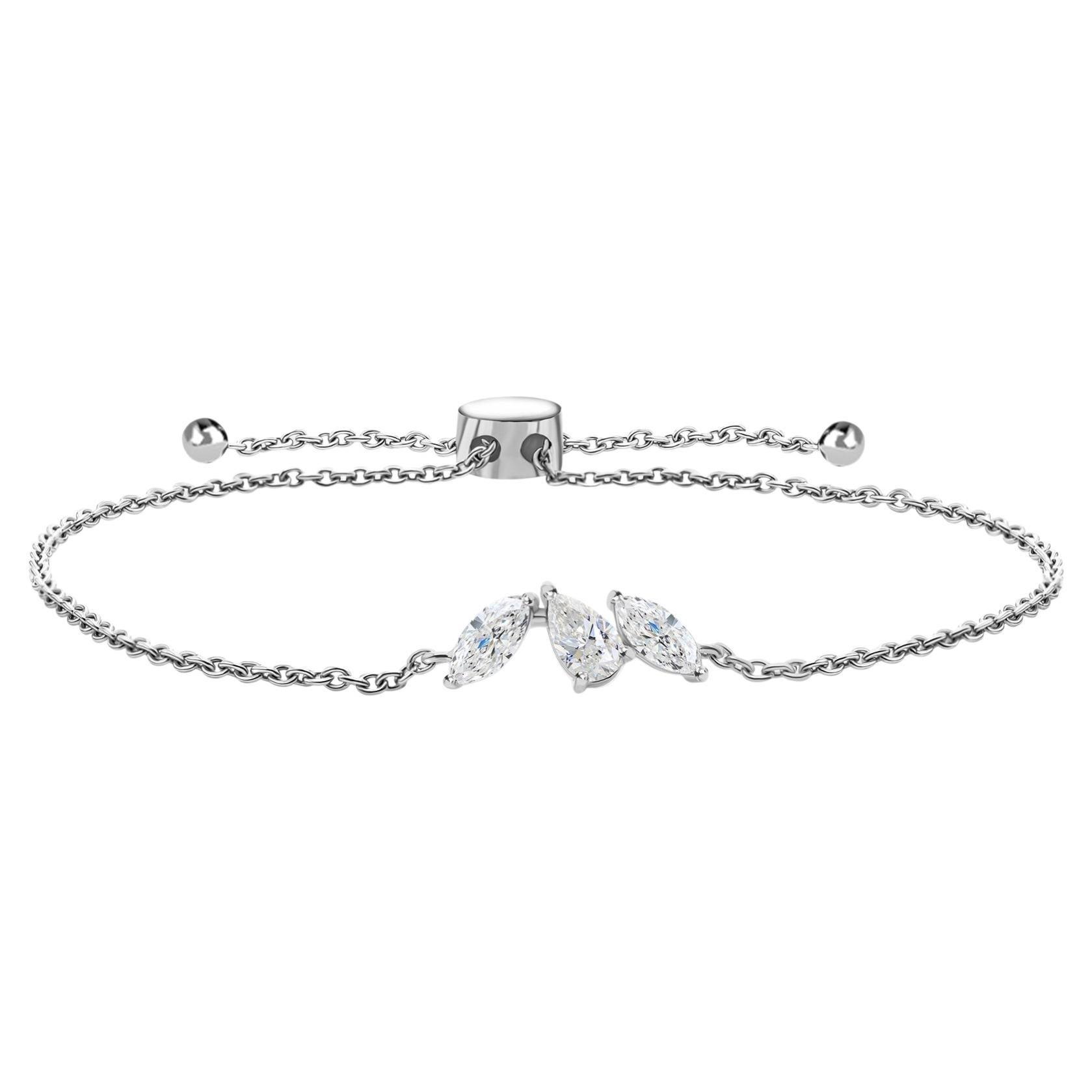 0.60 Carats Diamond Station Bracelet Adjustable Chain Handmade 18K White Gold