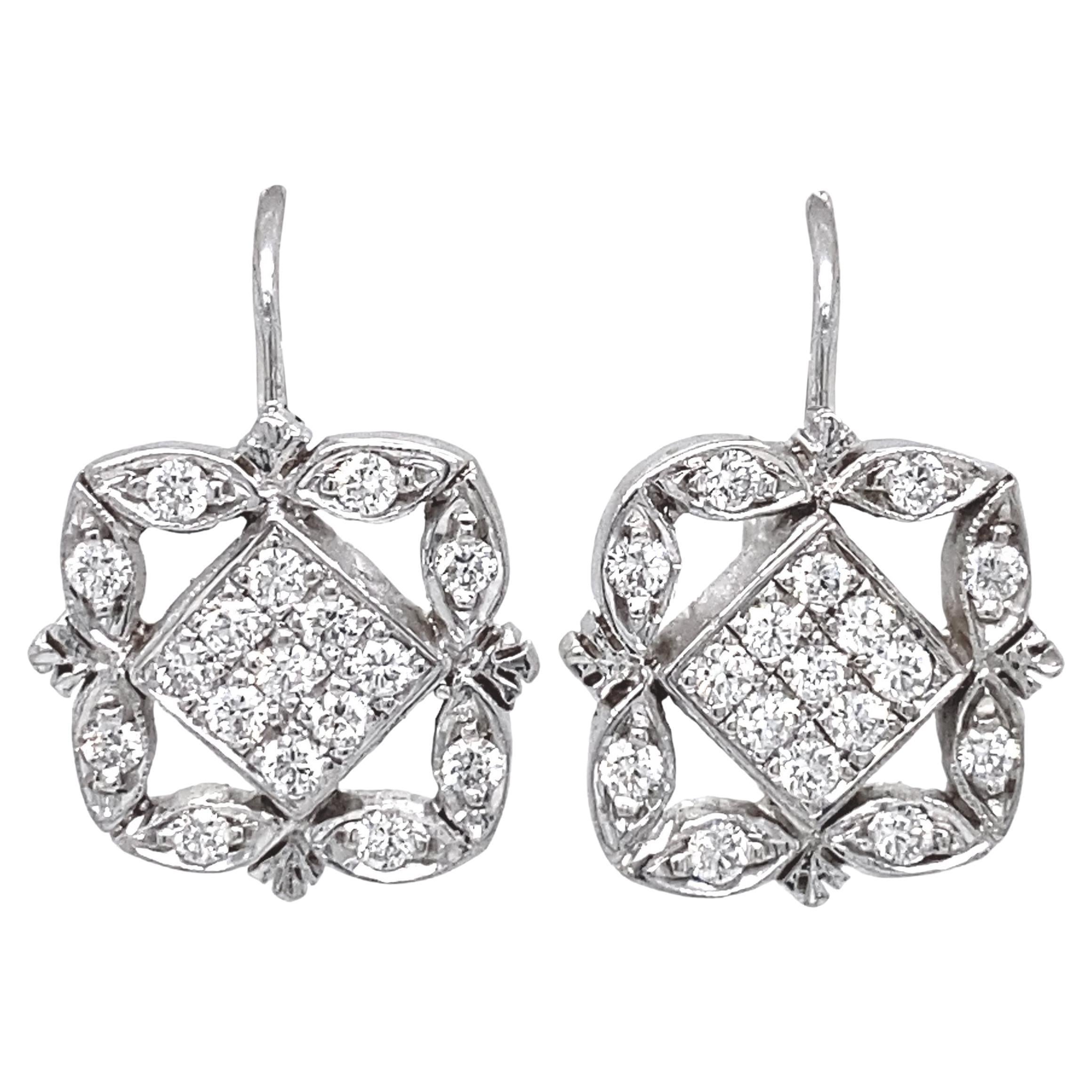 0.60 Carats Natural Diamond "Quatrefoil" Drop Earrings with Lever Backs in White For Sale