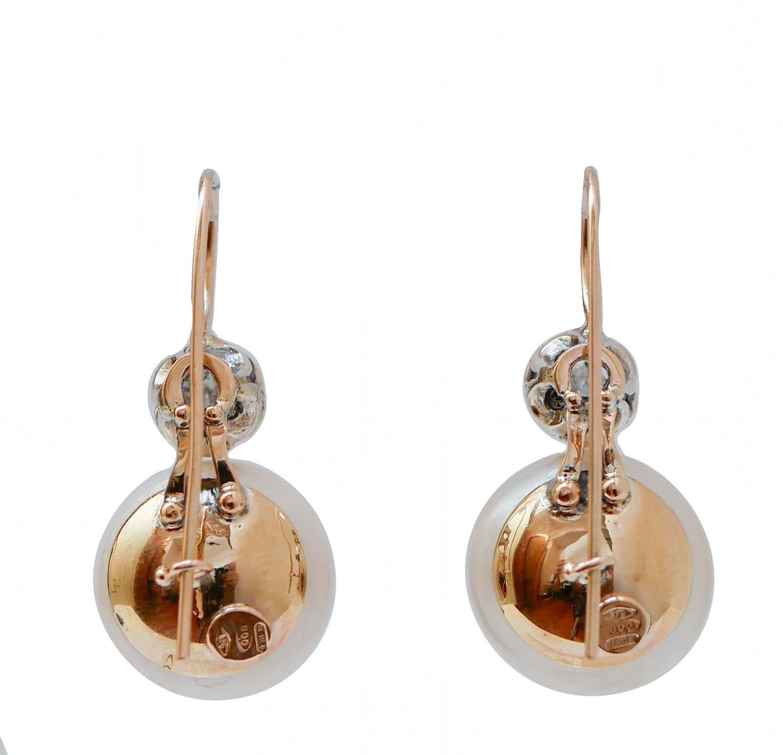 Rétro Orecchini con diamanti da 0,60 carati, perle da 16 mm, oro rosa e argento. in vendita