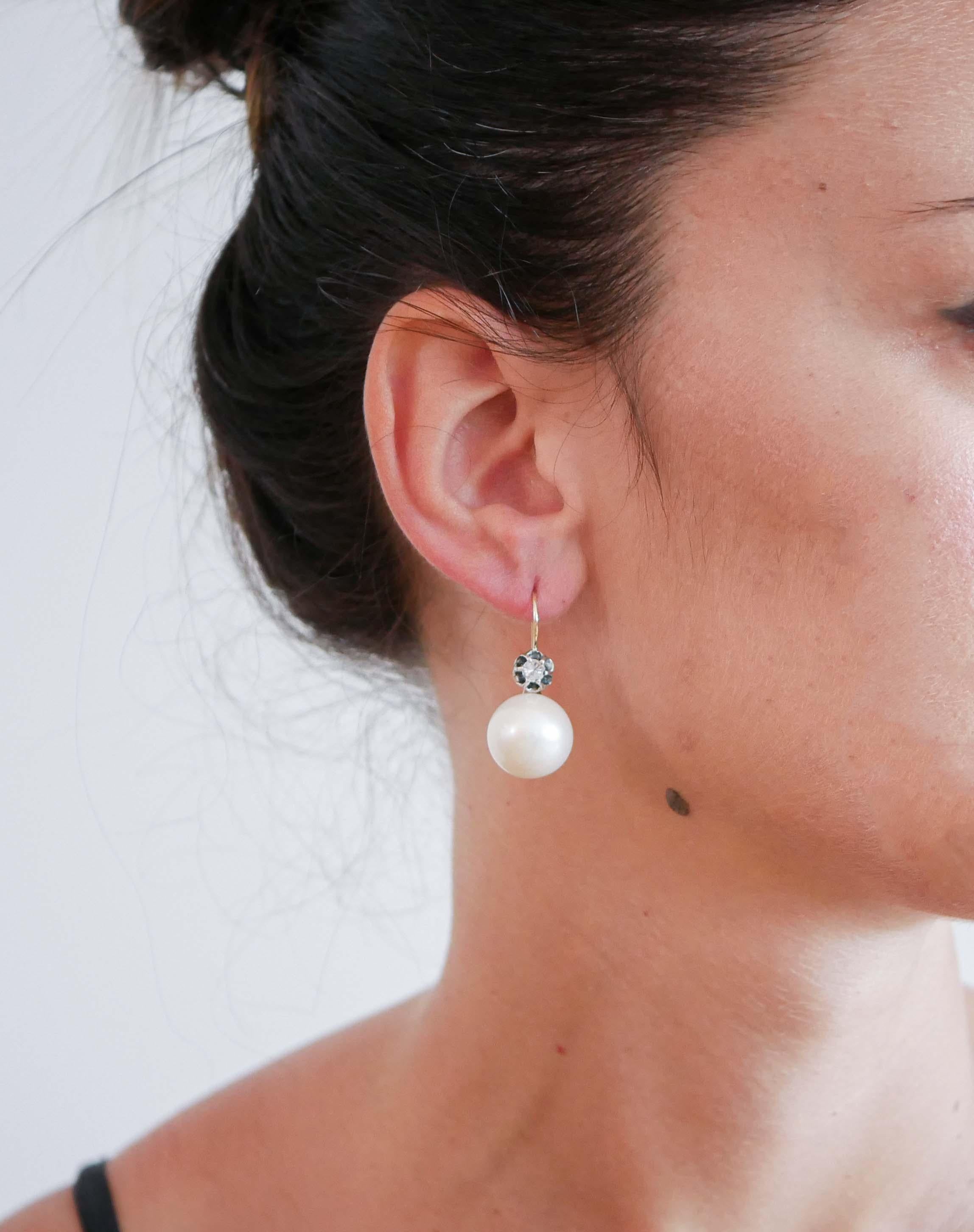 Taglio misto Orecchini con diamanti da 0,60 carati, perle da 16 mm, oro rosa e argento. in vendita