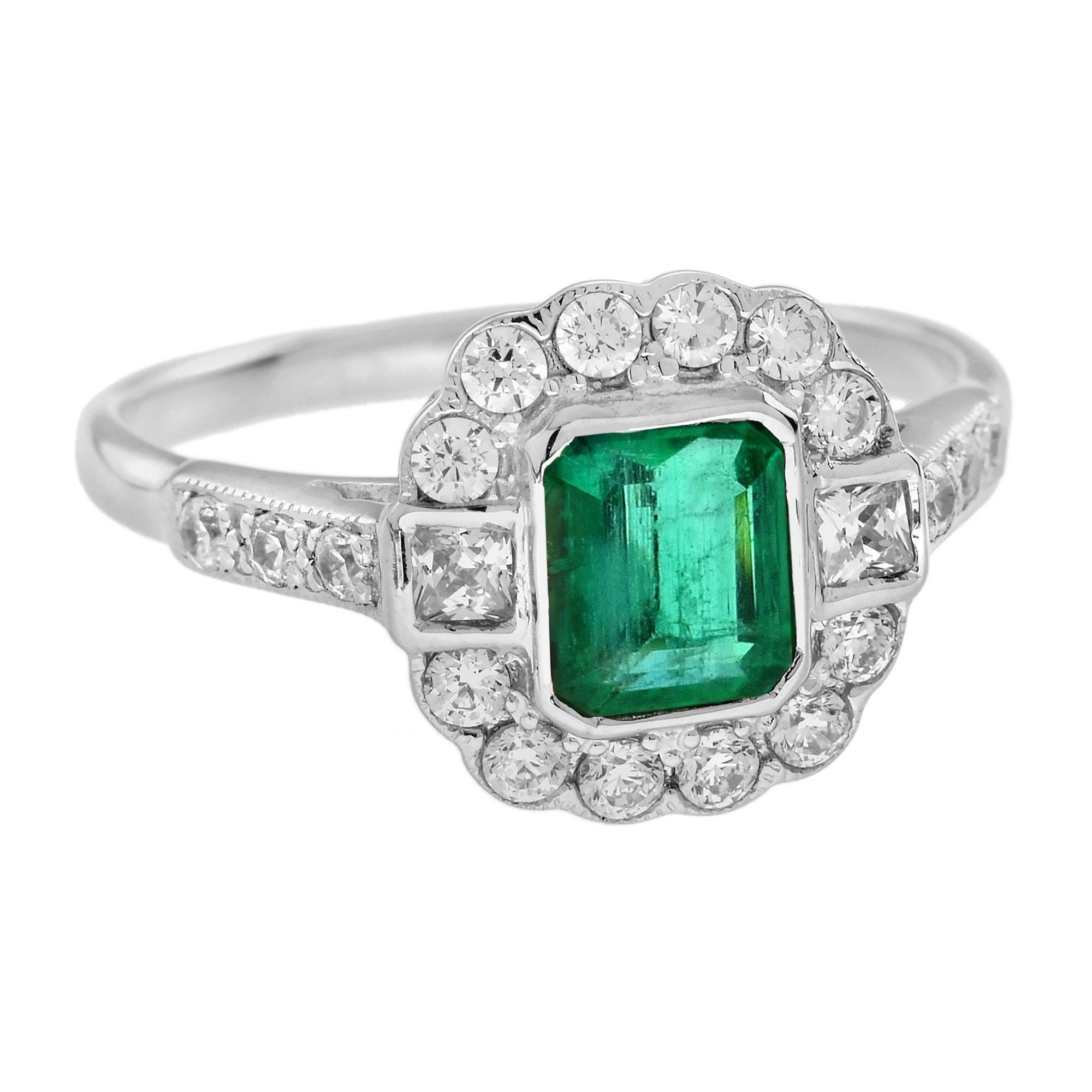 Art Deco 0.60 Ct. Emerald Diamond Halo Antique Style Engagement Ring in 18K White Gold For Sale