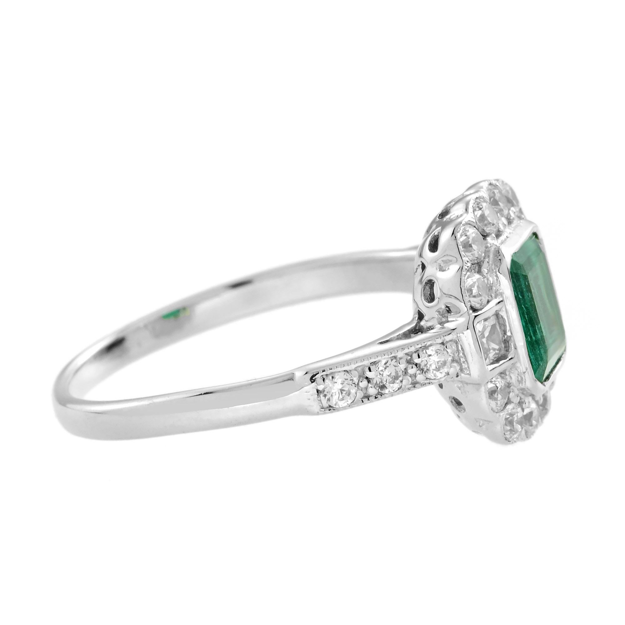 Octagon Cut 0.60 Ct. Emerald Diamond Halo Antique Style Engagement Ring in 18K White Gold For Sale