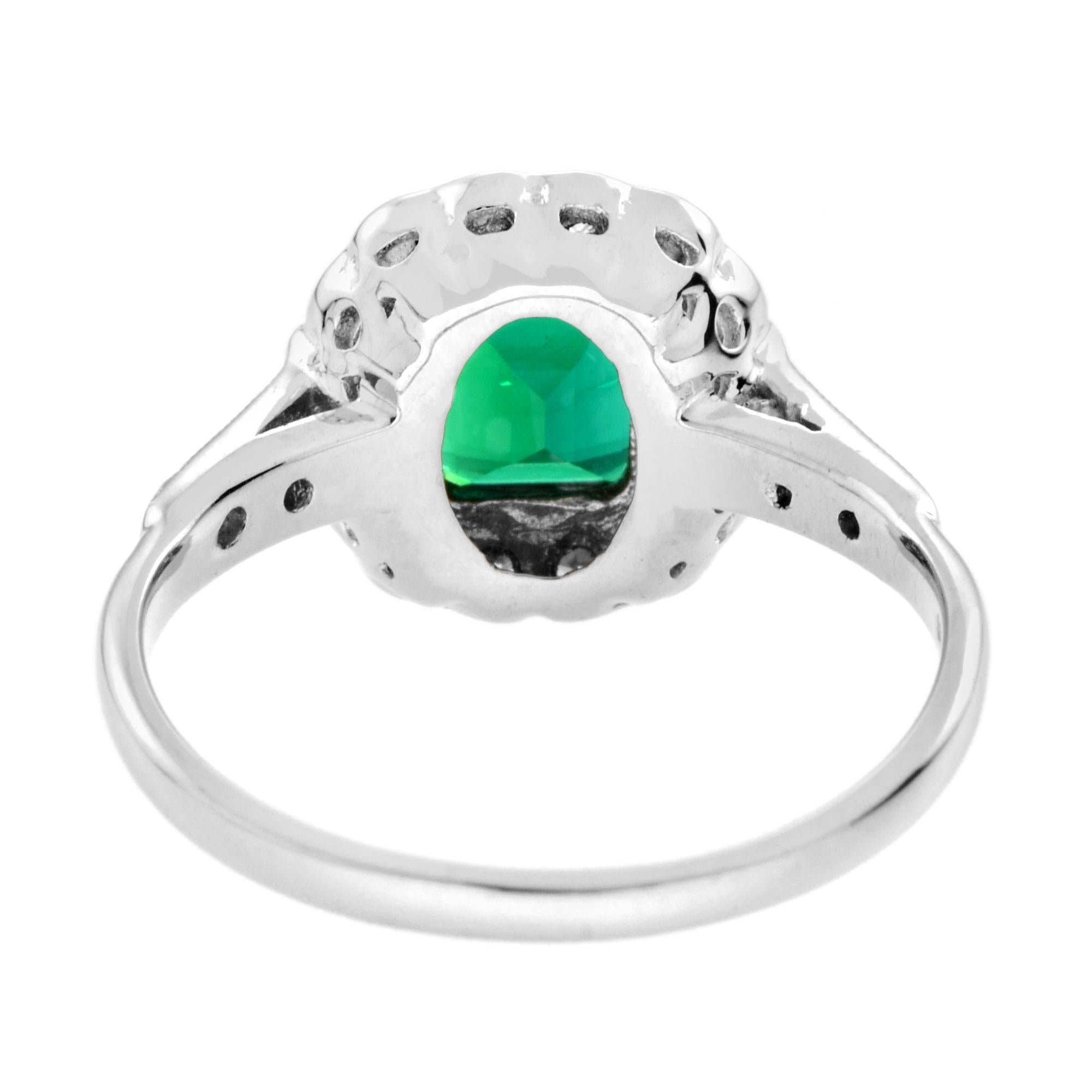 0.60 Ct. Emerald Diamond Halo Antique Style Engagement Ring in 18K White Gold In New Condition For Sale In Bangkok, TH