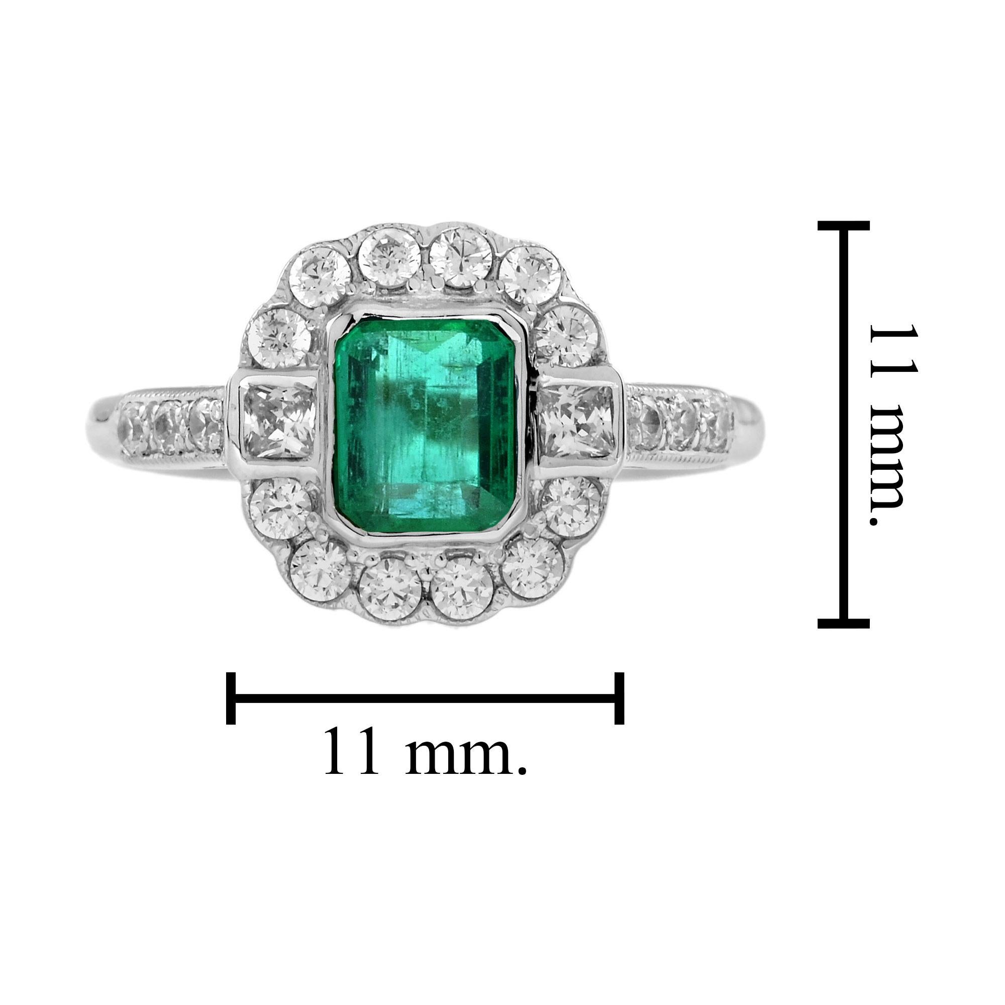 0.60 Ct. Emerald Diamond Halo Antique Style Engagement Ring in 18K White Gold For Sale 1