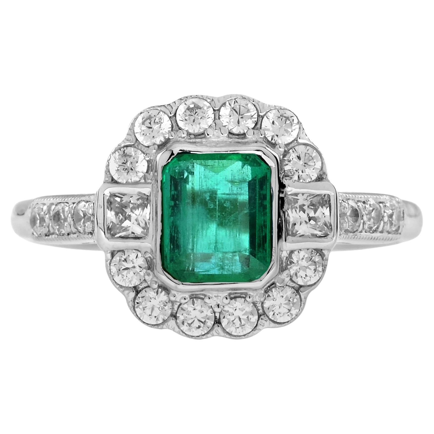 0.60 Ct. Emerald Diamond Halo Antique Style Engagement Ring in 18K White Gold For Sale