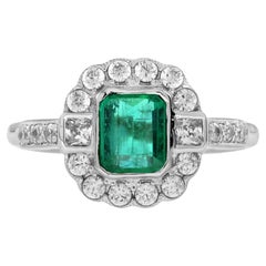 0.60 Ct. Emerald Diamond Halo Antique Style Engagement Ring in 18K White Gold