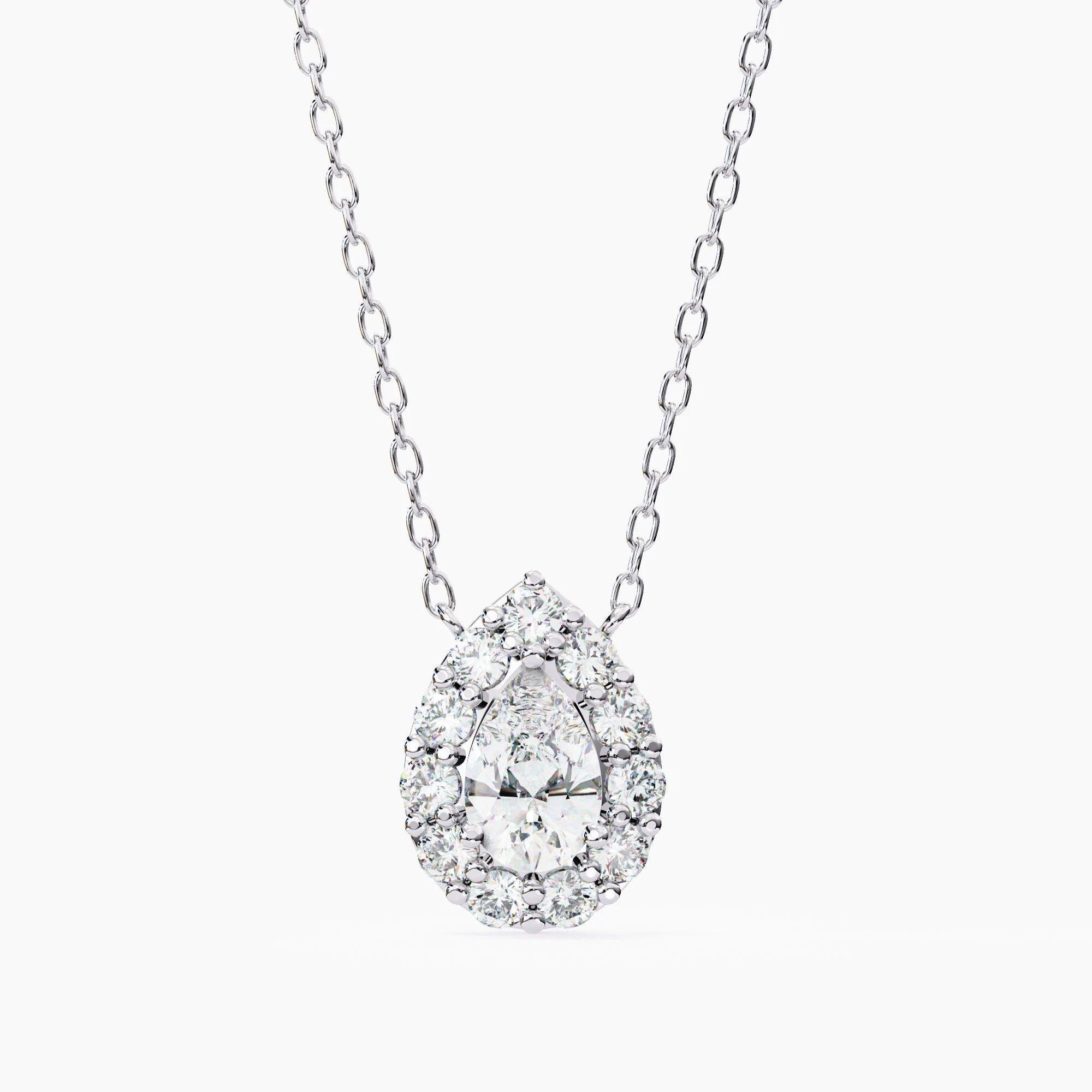 Taille poire 0.60 CT Collier pendentif halo en or 14K avec diamant naturel taillé en poire, couleur VS F en vente