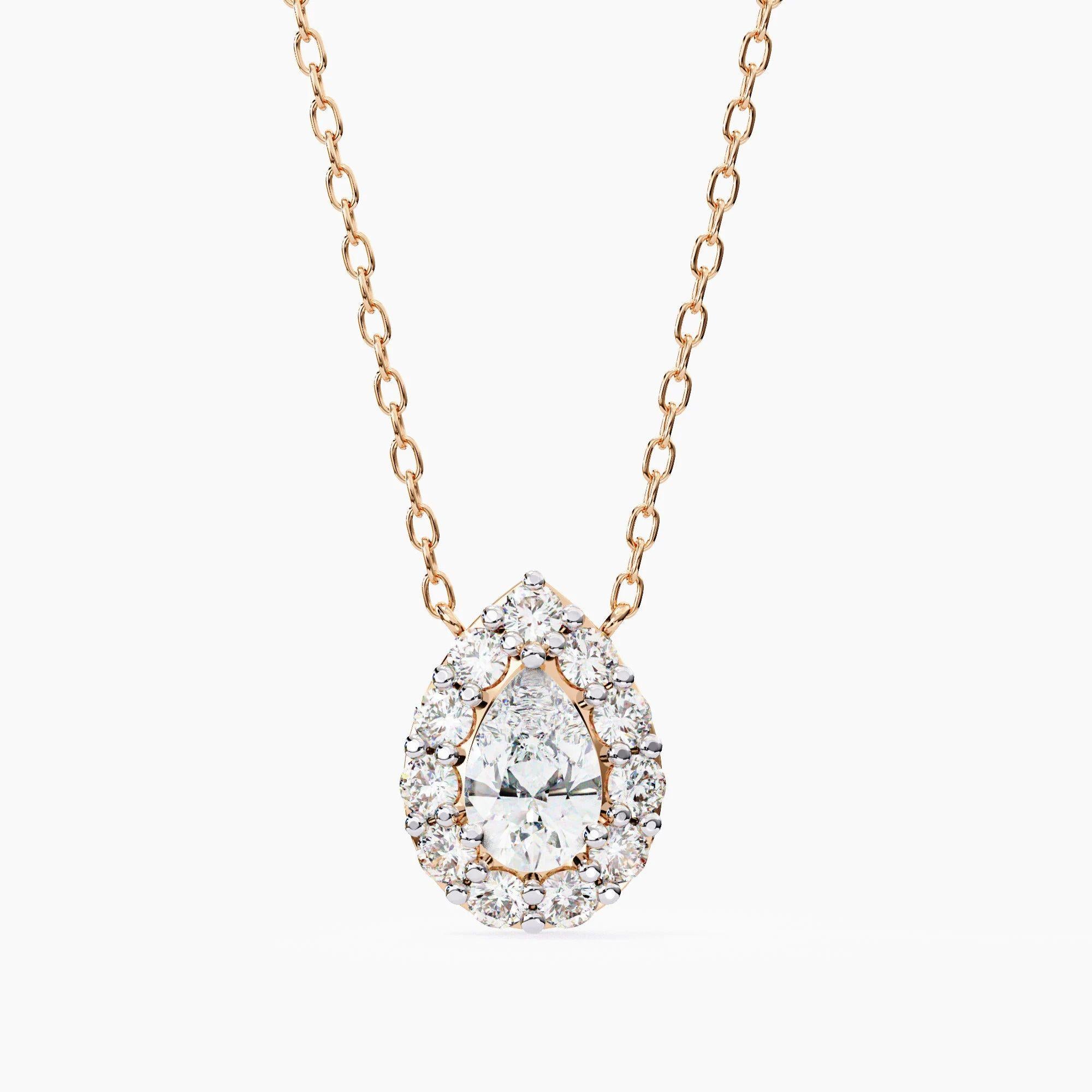 0.60 CT Collier pendentif halo en or 14K avec diamant naturel taillé en poire, couleur VS F en vente 1