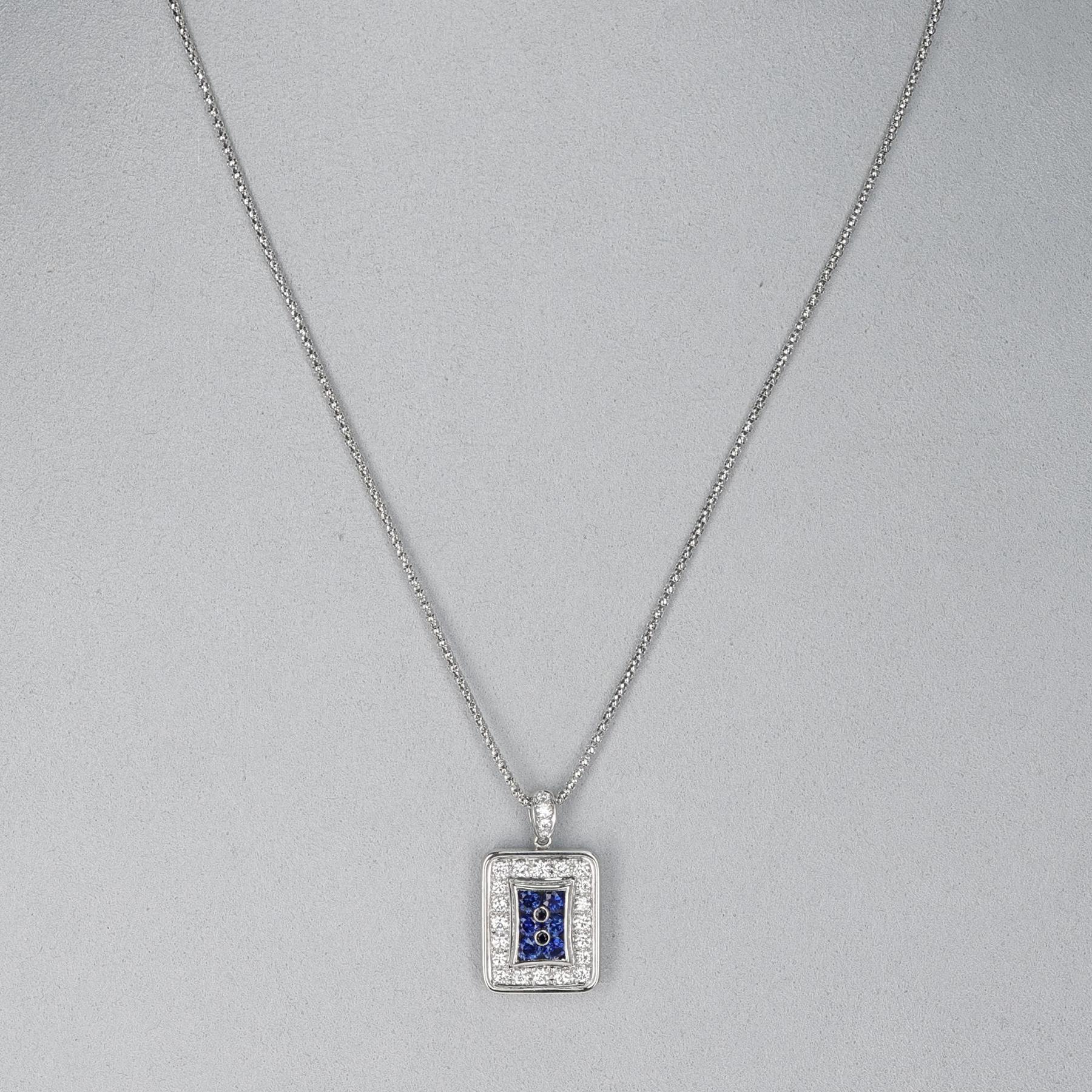 Round Cut 0.60 Ct. Round Sapphire and 0.88 Ct. Diamond Rectangular Pendant Necklace, PT For Sale