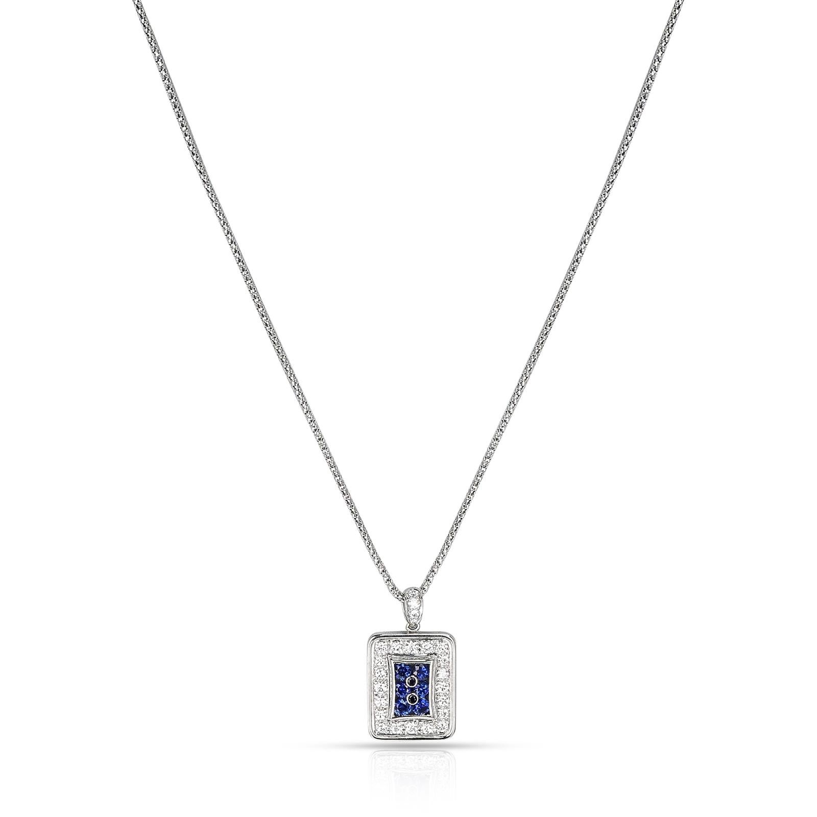 0.60 Ct. Round Sapphire and 0.88 Ct. Diamond Rectangular Pendant Necklace, PT For Sale 1