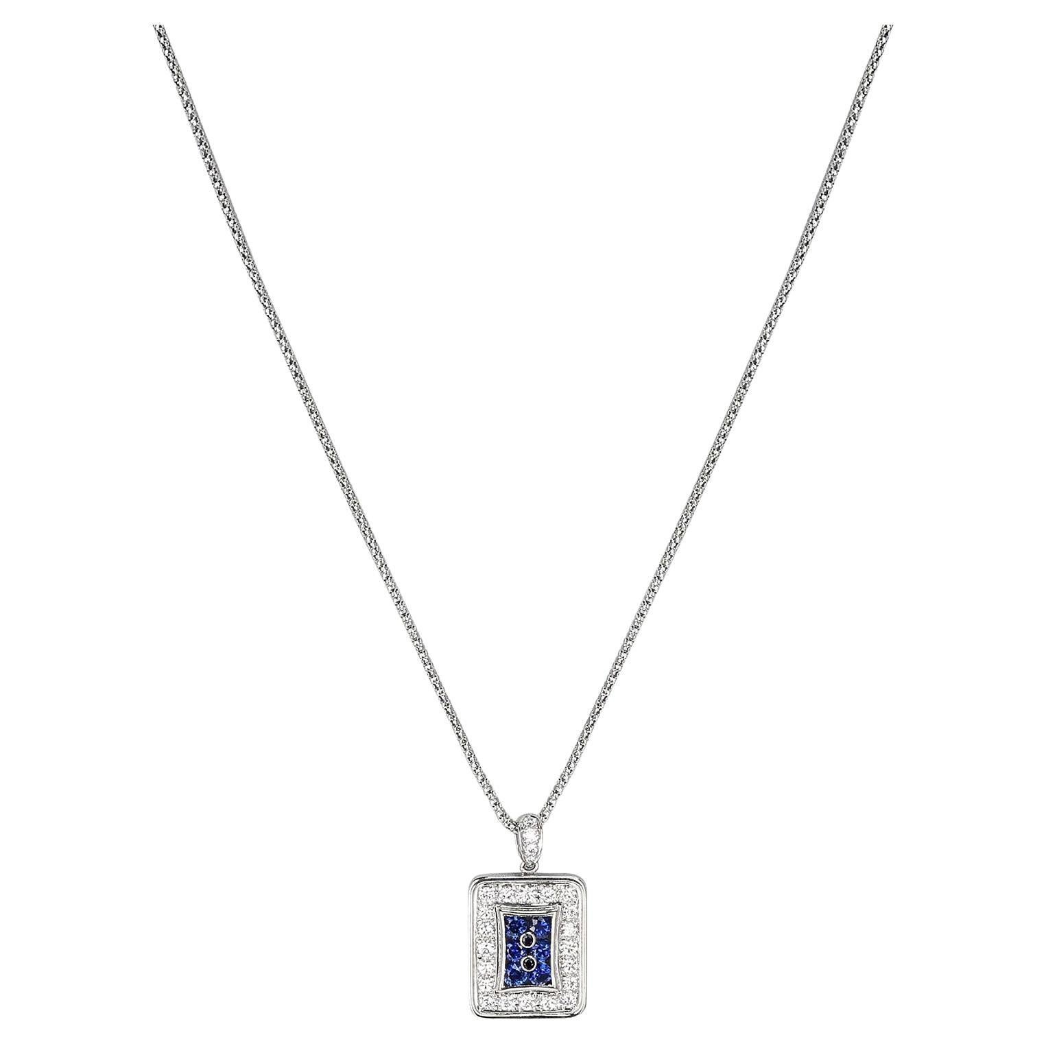 0.60 Ct. Round Sapphire and 0.88 Ct. Diamond Rectangular Pendant Necklace, PT For Sale