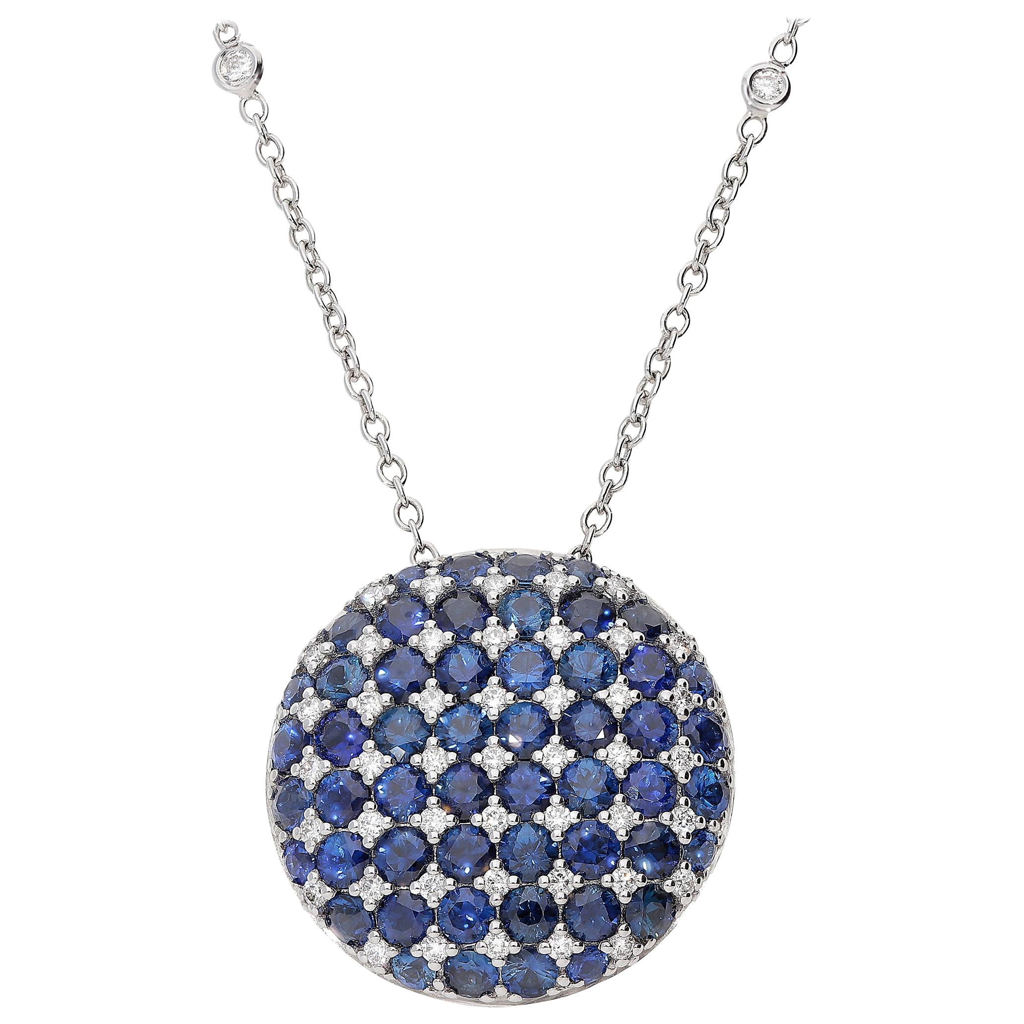 0.60 White GVS Diamonds 4.83 Blue Sapphires 18 Karat Gold Dome Circle Necklace For Sale