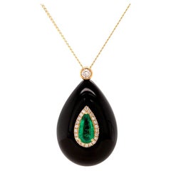0.605ct Zambian Emerald, Diamond and Onyx 18 Karat Gold Pendant Necklace