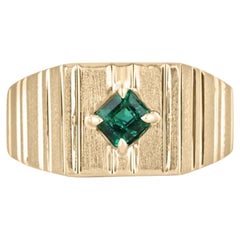 0.60ct 14K Rich Green Emerald Solitaire Men's Ring Emerald Cut 4 Prong Gold 585